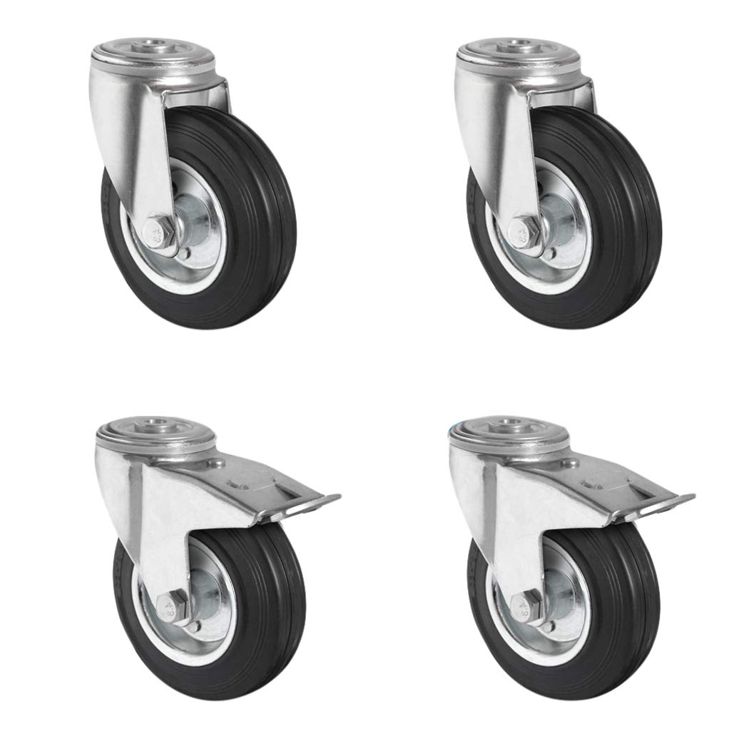 SETHBBB125SWS4R0N Rollensatz 2 Rückenlochlenkrollen-, 2 mit Feststeller, Stahlfelge, Vollgummi, Durchmesser 125 mm, Transportrollen, Rollenlager, Traglast 300 kg (4-er Pack)