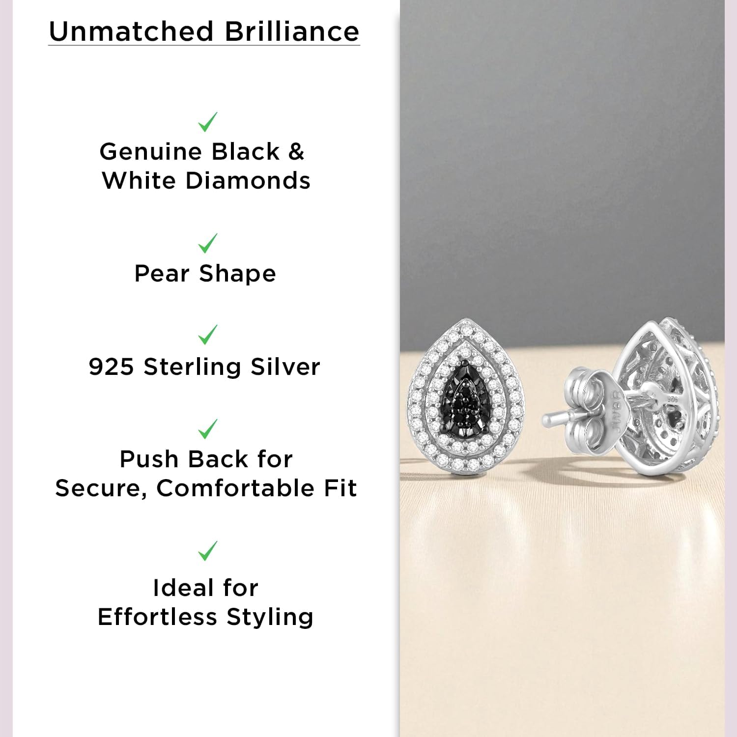Jewelili 925 Sterling Silver Stud Earrings for Women | 1/4 CTW Diamonds | Choice of Heart, Cushion, Pear or Round shape in Black, Blue, or White Diamonds | Push Back Post | Fine Jewelry