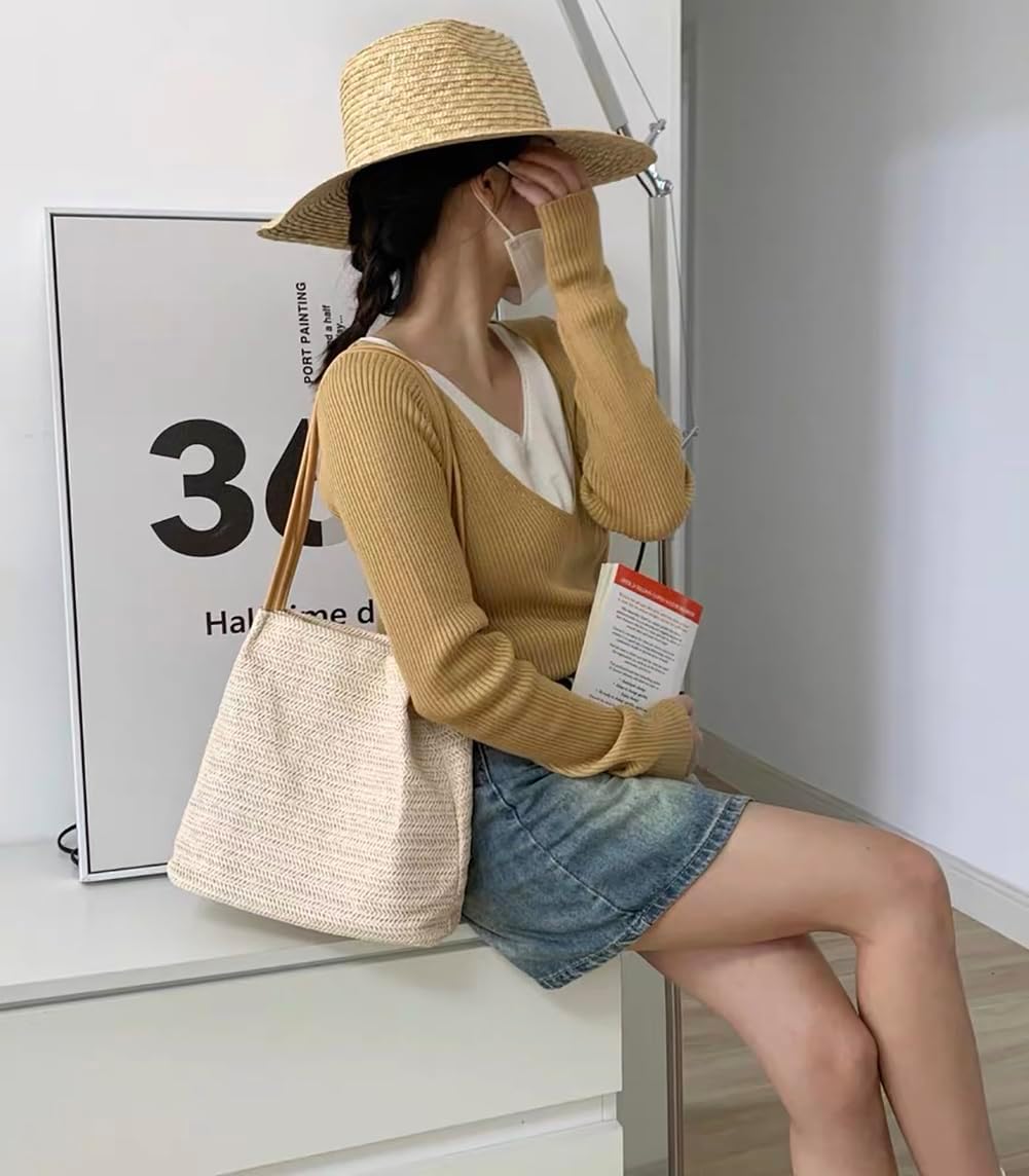 Aphoraeny Straw Beach Bag Buckets Totes Handbag Shoulder Tote Bag Straw Purse Summer Purse Women Summer Handbag - Image 7