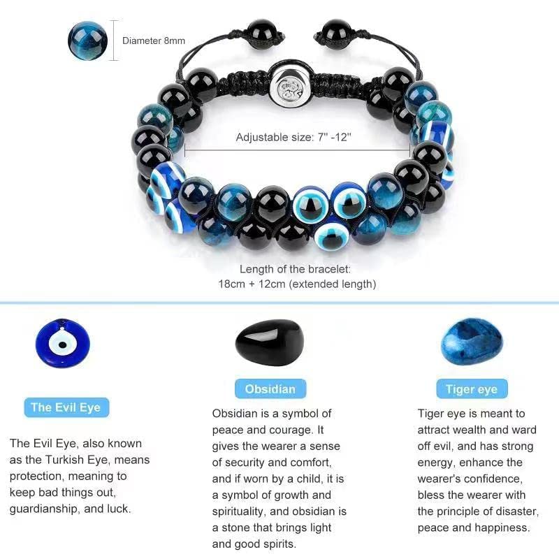 Image of Evil Eye Bracelet for Men Women - Triple Protection Bracelet - Tiger Eye and Black Obsidian Chakra Energy Healing Bracelet - 8mm Beads Good Luck Prosperity and Happiness Crystal Jewelry Stone