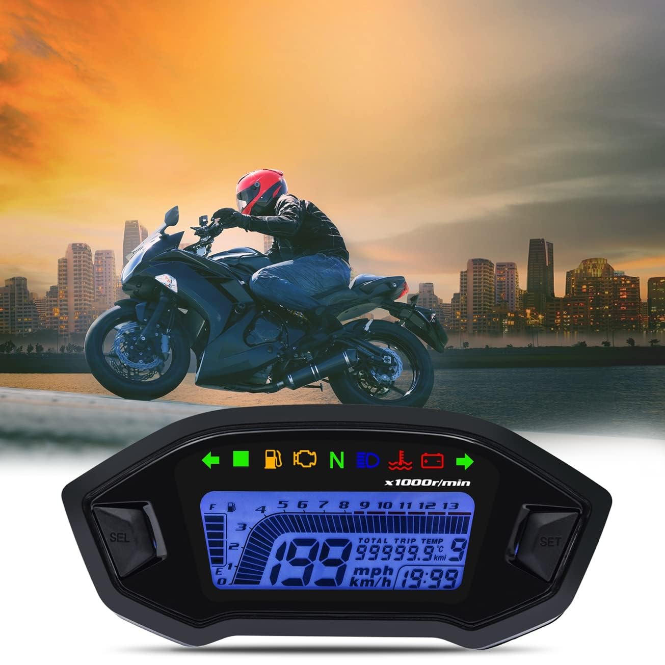 Geloo Motorrad Tachometer 13000 U/min Universal LCD Digital Odometer 7 Farben Hintergrundbeleuchtung Messgerät