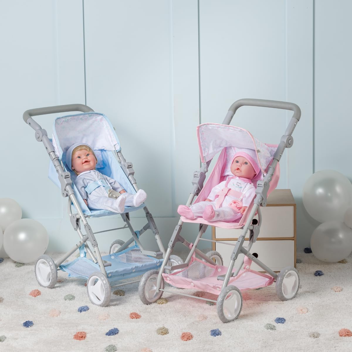 JC Toys - Passeggino pieghevole, per bambole fino a 45 cm, ideale per giocare e passeggiate, rosa con decorazione floreale, progettato da Berenguer, +3 anni