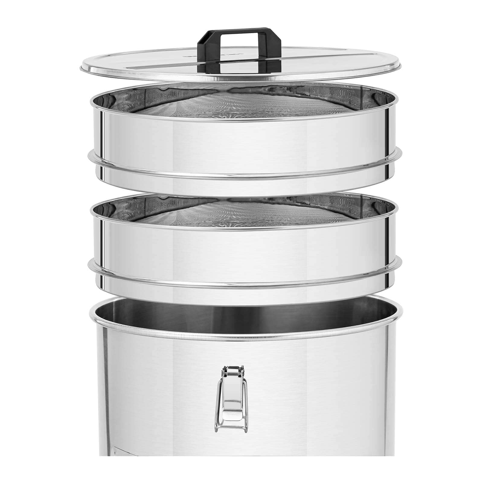 WIE-HT-50 Maturateur miel 50 L avec tamis, couvercle et robinet à clapet Inox Maturateur miel inox Maturateur à miel - -