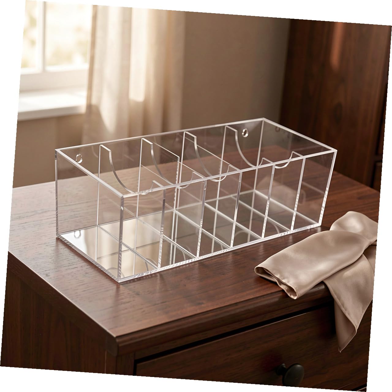 FRCOLOR Scatola Organizer in Acrylic Glass per Cinture a 7 Scomparti con | Trasparente, Coperchio Rimovibile e Chiusura Sicura, per Esposizione su Comò e Ordine Separato
