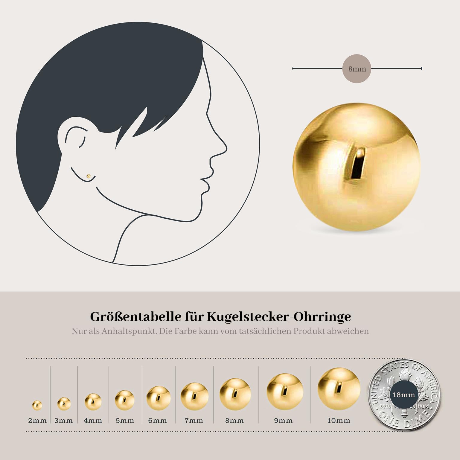 KEZEF Ohrringe Gold Damen – Kugel Ohrstecker aus 14K Gold-Filled (585), medizinische Ohrstecker für empfindliche Ohren, hypoallergen & nickelfrei, 3–9 mm – Schmuck Geschenk