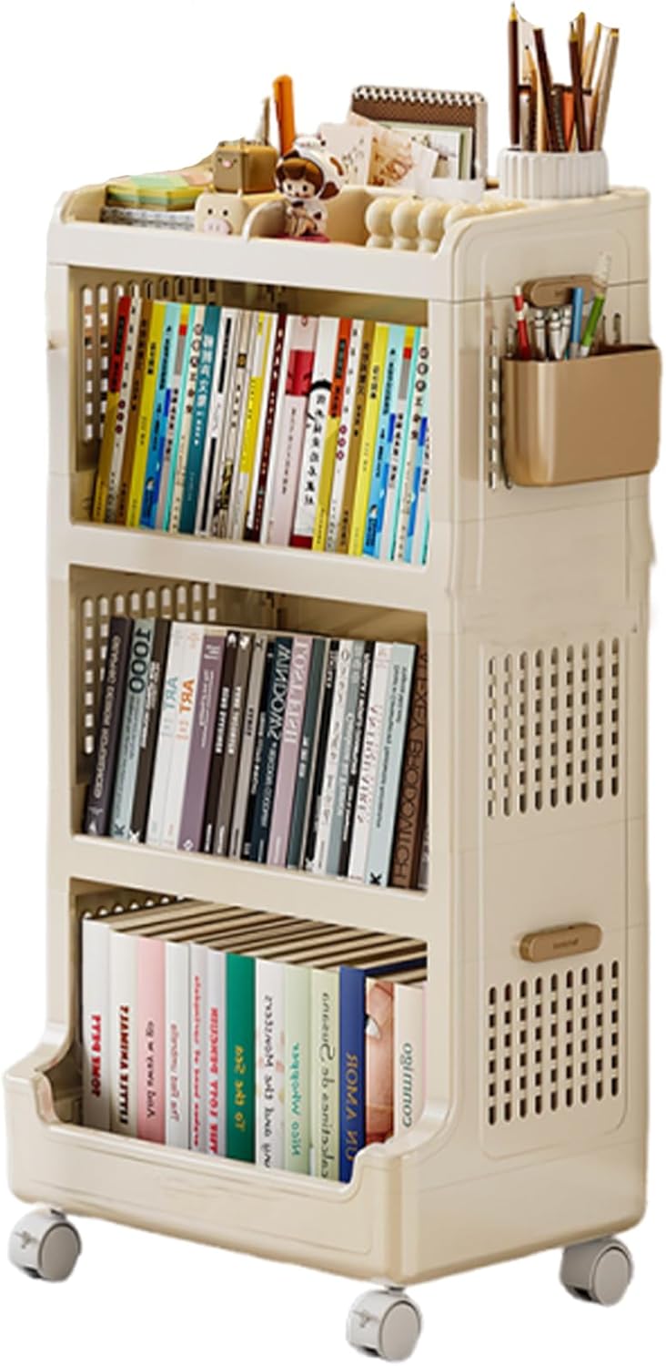 Rolling Bookshelf with Shelves and Wheels, Movable, Foldable, and Stackable, Suitable for Study, Living Room, Office, and Bathroom Beige 3tier-B