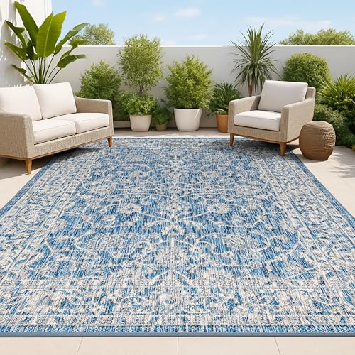 Image of JONATHAN Y Vine and Border Indoor Outdoor Area Rug 8X10 Navy /Gray, Palazzo Textured Weave for Backyard, Patio, Porch, Easy-Cleaning, High Traffic, Pet-Friendly, Non-Shedding (SMB103A-8)