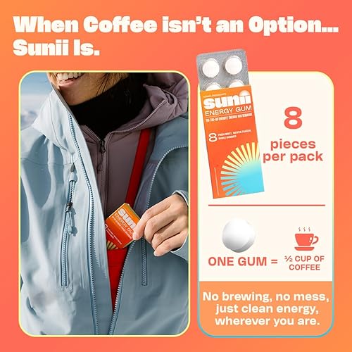 Miniatura 5 de Sunii Energy Gum - Goma de mascar de impulso rápido de energía y enfoque, 50 mg de cafeína, sabor a menta fresca, vitaminas B6 y B5, taurina,