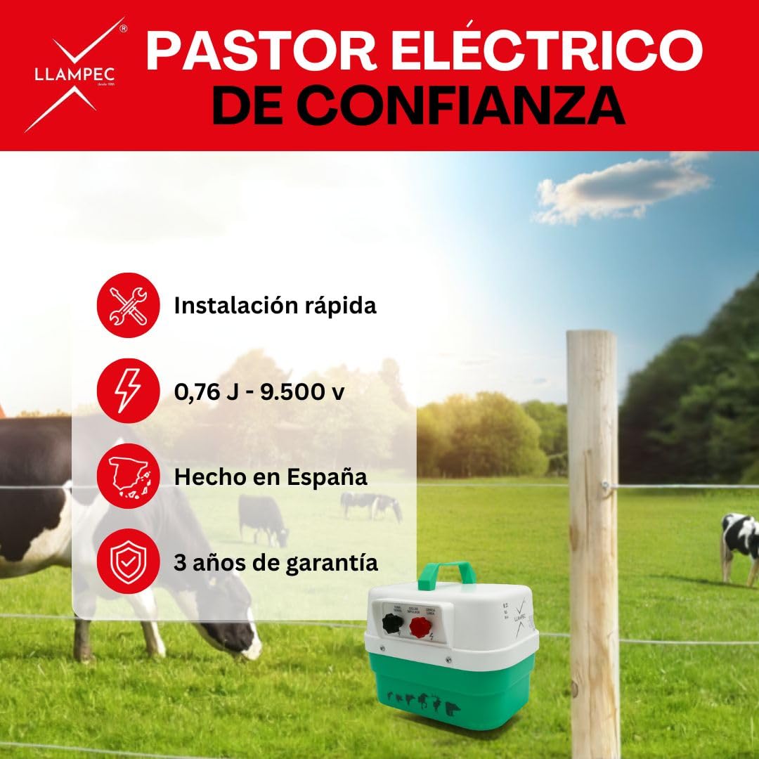 Pastor eléctrico Llampec Mod.23 a pila 9V – 0,76 J, 9.500 V y 9 km de alcance – Especial para perros, caballos y ganado vacuno – Autonomía de 75 días con batería 9V 75Ah no incluida