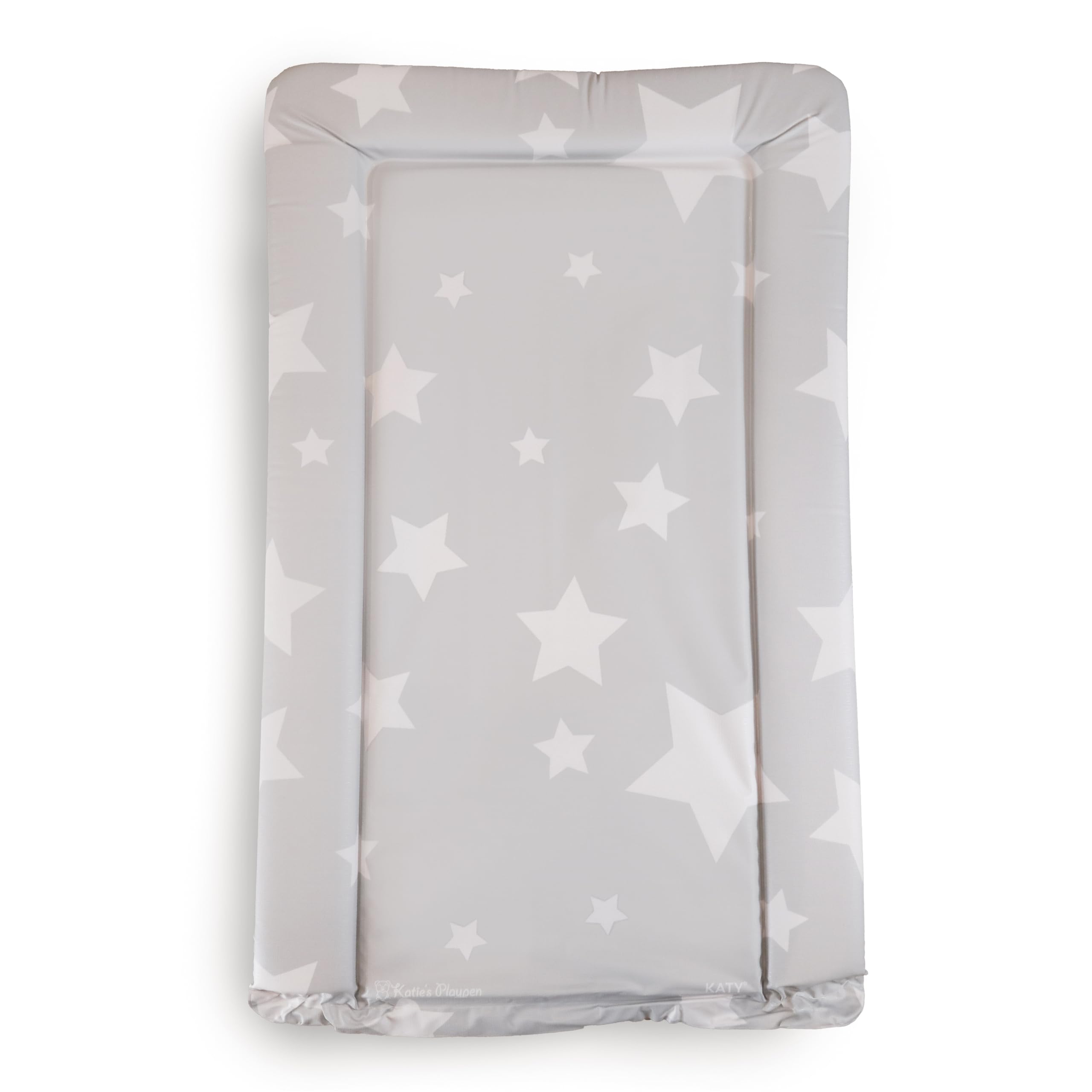 KATY Deluxe Baby - Cambiador unisex impermeable con bordes elevados, color gris claro con diseño de estrellas blancas
