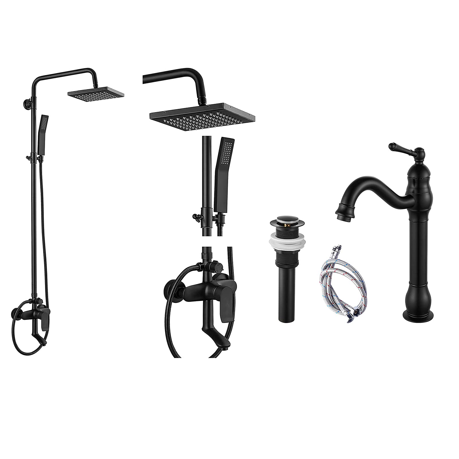 Sxithgkdw Black Matte Exposed Shower System Triple Function Bathroom Shower Faucet 8 Inch Vessel Sink Faucet 360 Degree And Drain