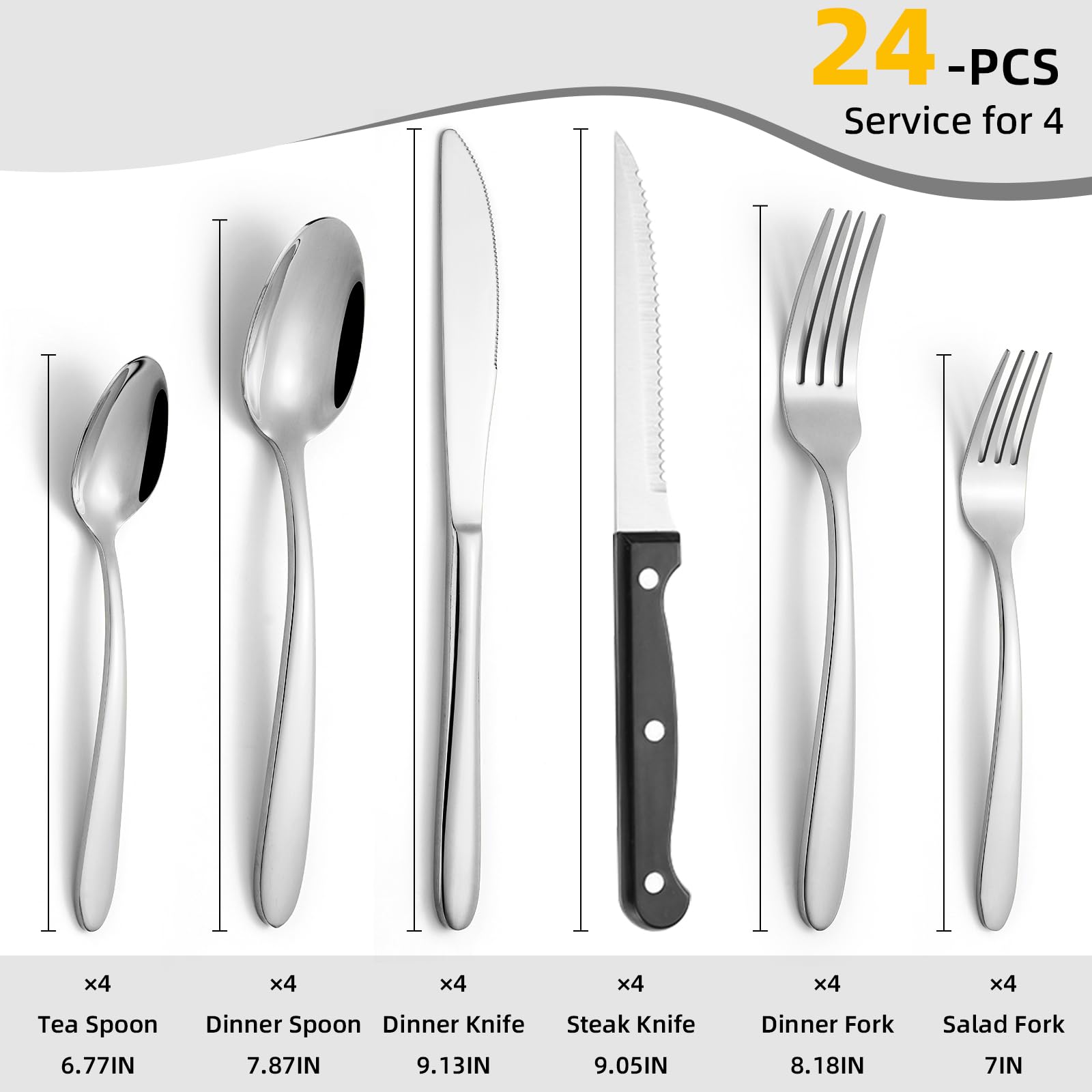 24 Piece Heavy Duty Stainless Steel Silverware Set with Steak Knives for 4, Mirror Polished Flatware Set Cutlery Utensils Tableware Set for Home Kitchen, Fork Knife Spoon Set, Dishwasher Safe