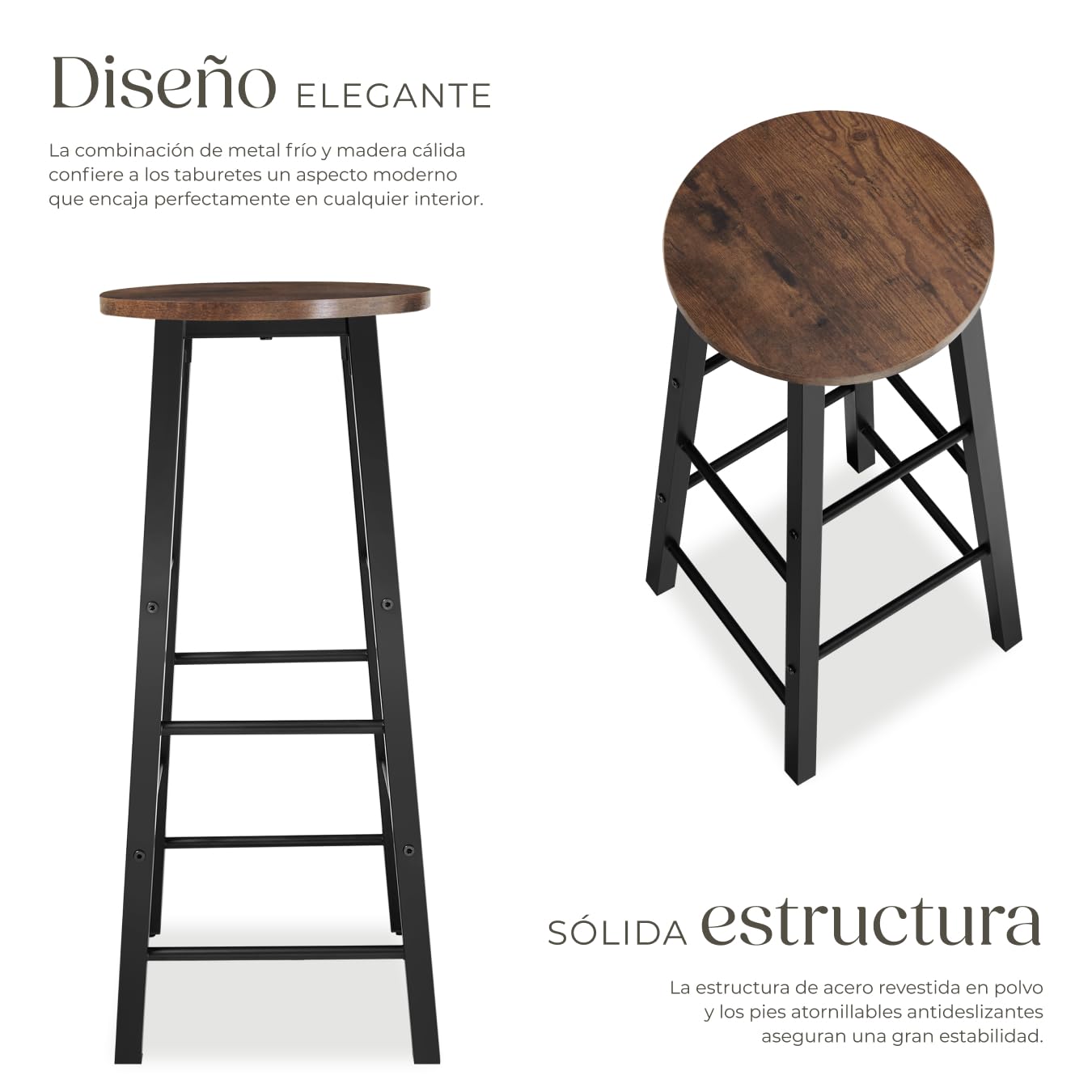 tectake® Juego de Taburetes de Bar con Estilo Industrial, para sillas Comedor, Taburete Alto Cocina, sillas de Comedor, Barra de Cocina - 31 x 31 x 72,5 cm Madera Industrial Oscura, Rústica