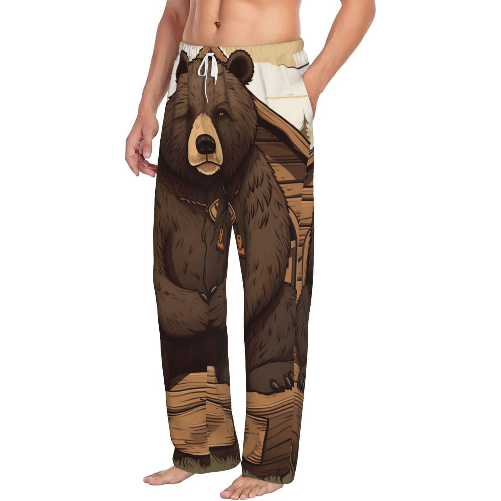 Paqolsmckr Unisex White Mens Pajama Pants Soft Pj Bottoms Rustic Lodge Bear Sleep Pant With Pockets Sleepwear Pants Pajama Bottom