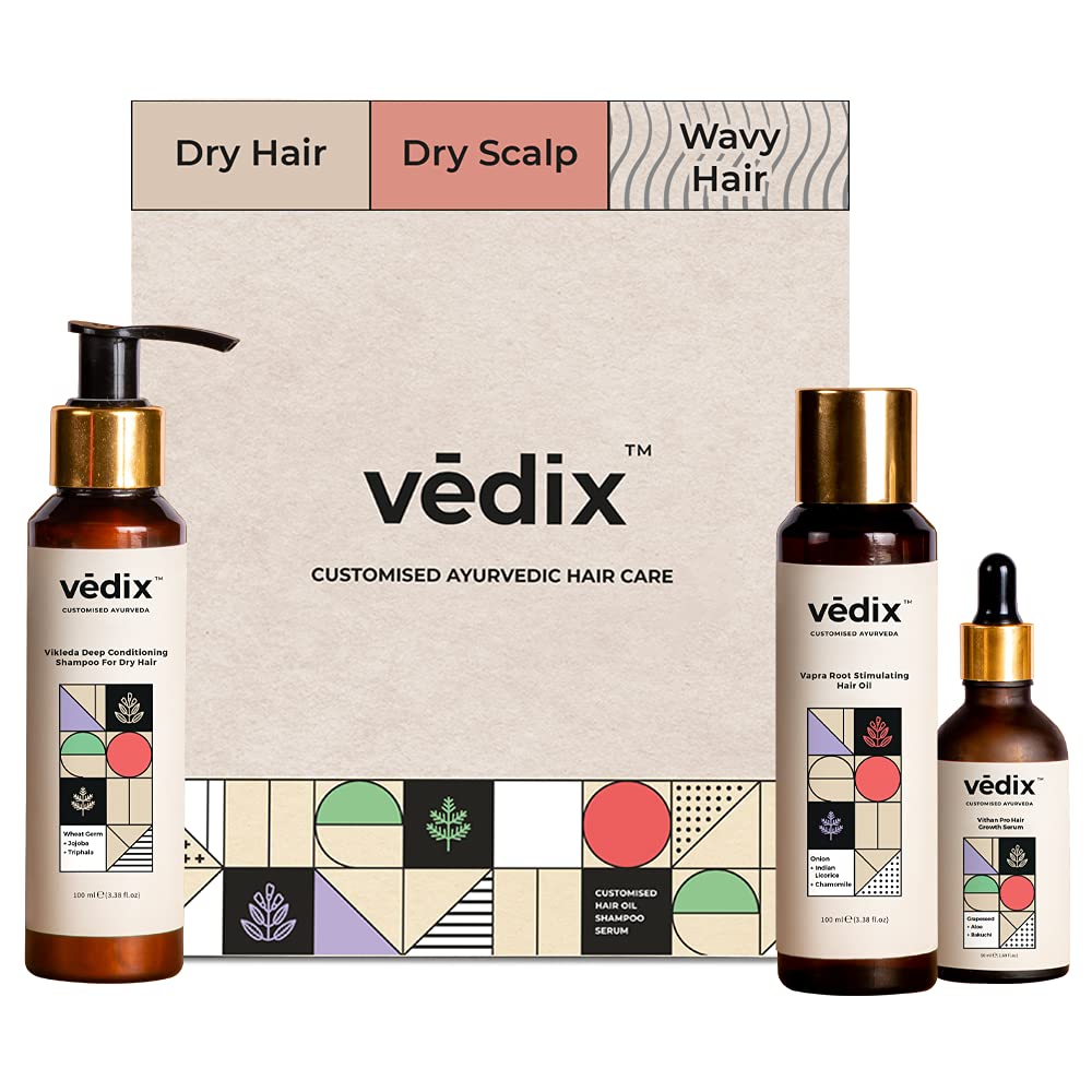 Vedix Customized Hair Fall Control Regimen for Dry Hair/Scalp & Wavy Hair- 3 Product Kit - Anti Hair Fall Oil Onion + Indian Licorice- Anti-Hairfall Shampoo For Dry Hair - Vithan Pro Hair Growth Serum