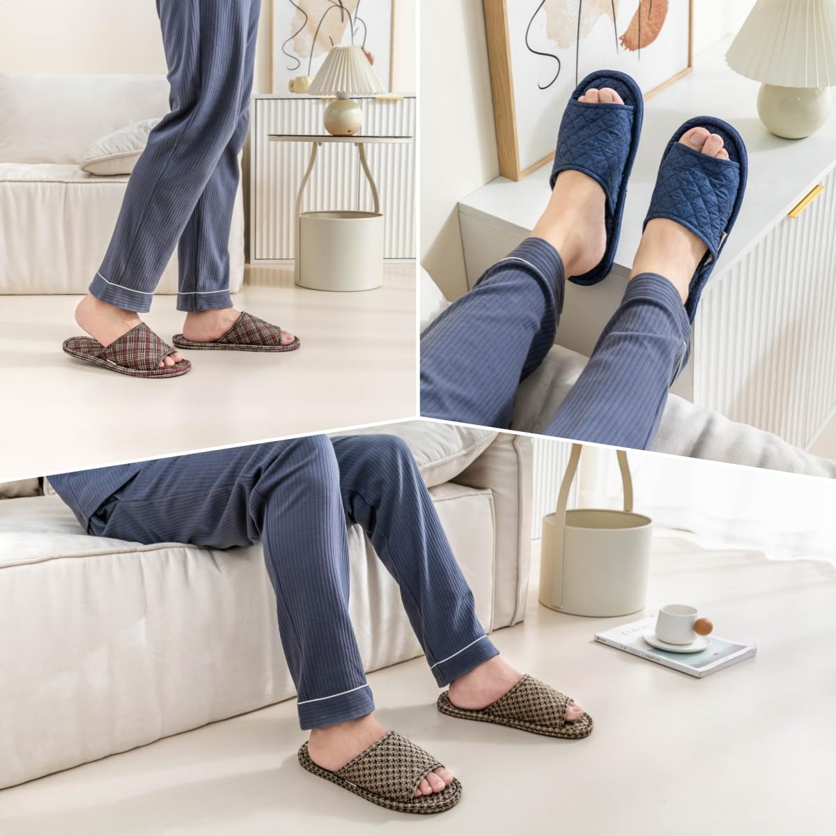 3 Pairs Plaid House Slippers for Men, Open Toe Indoor Slippers Comfortable Washable Portable Foldable Guest Travel Hotel Airplane Spa Slippers - Image 5
