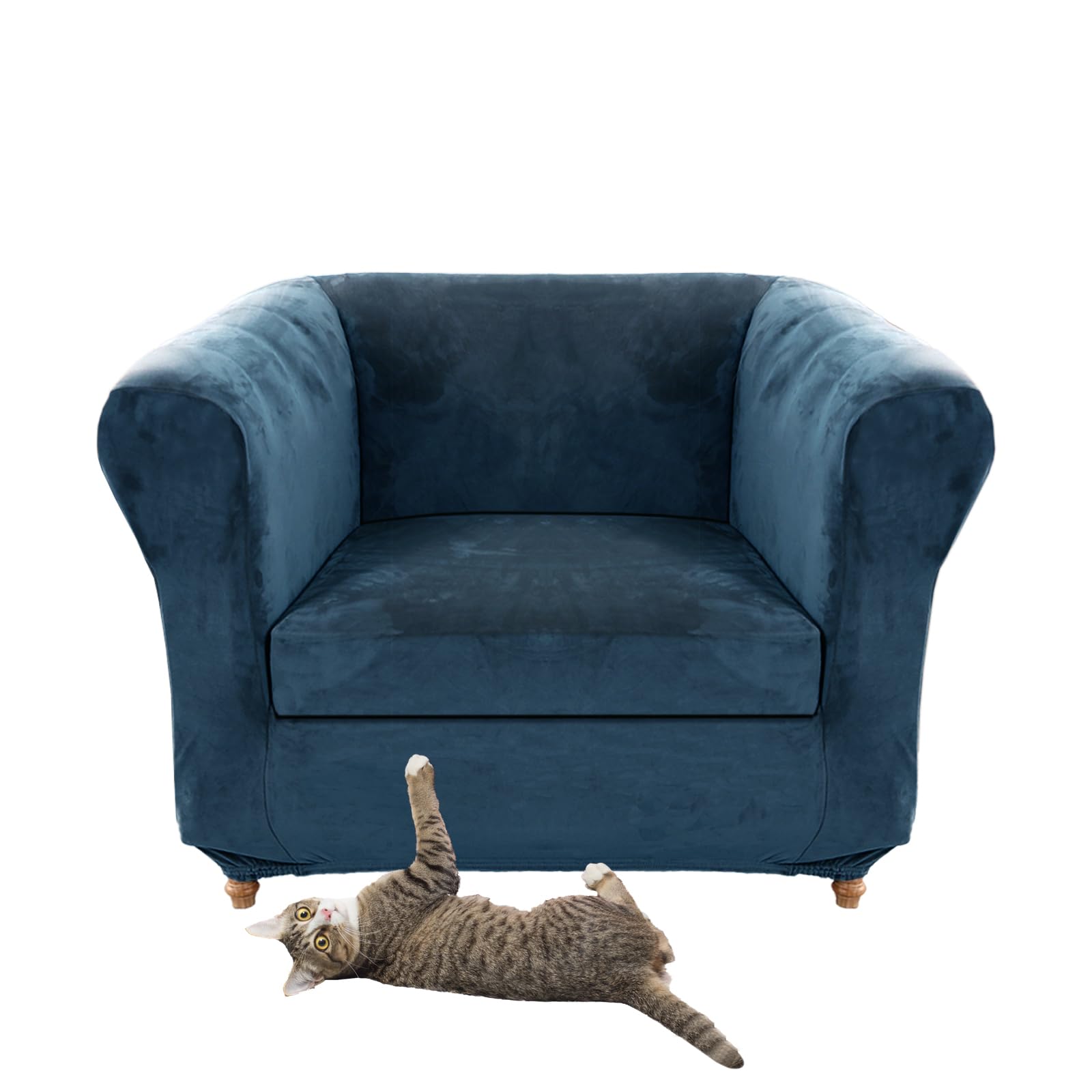 Stretch Velvet Chesterfield Sofa Cover Couch Cover with Seat Cushion Covers for Curved Chaise Armchairs Vintage Style (Blue Chair + 1 Large Seat)