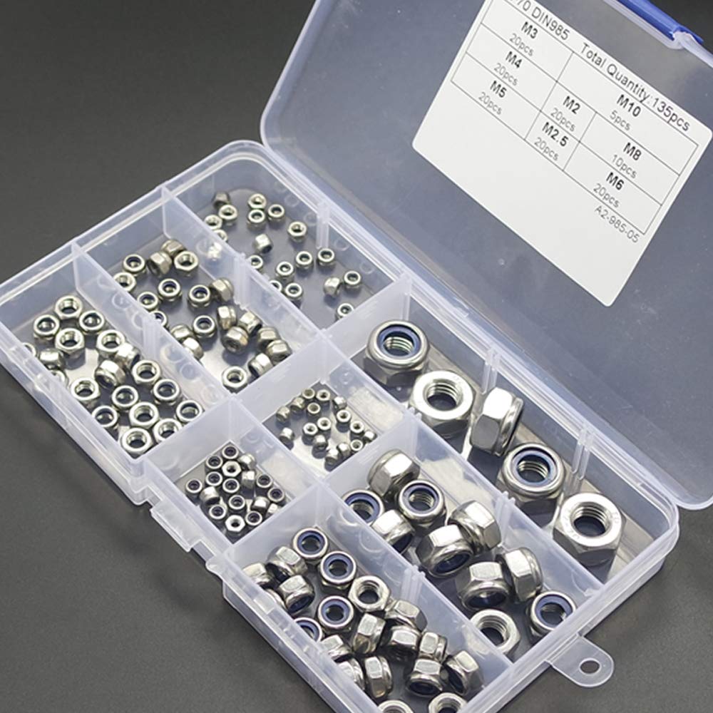 Dadi Esagonali 135 pezzi Set di Dadi Autobloccanti M2 M2.5 M3 M4 M5 M6 M8 M10 Acciaio Inossidabile 304 Nylon Kit Assortimento Dadi di Bloccaggio