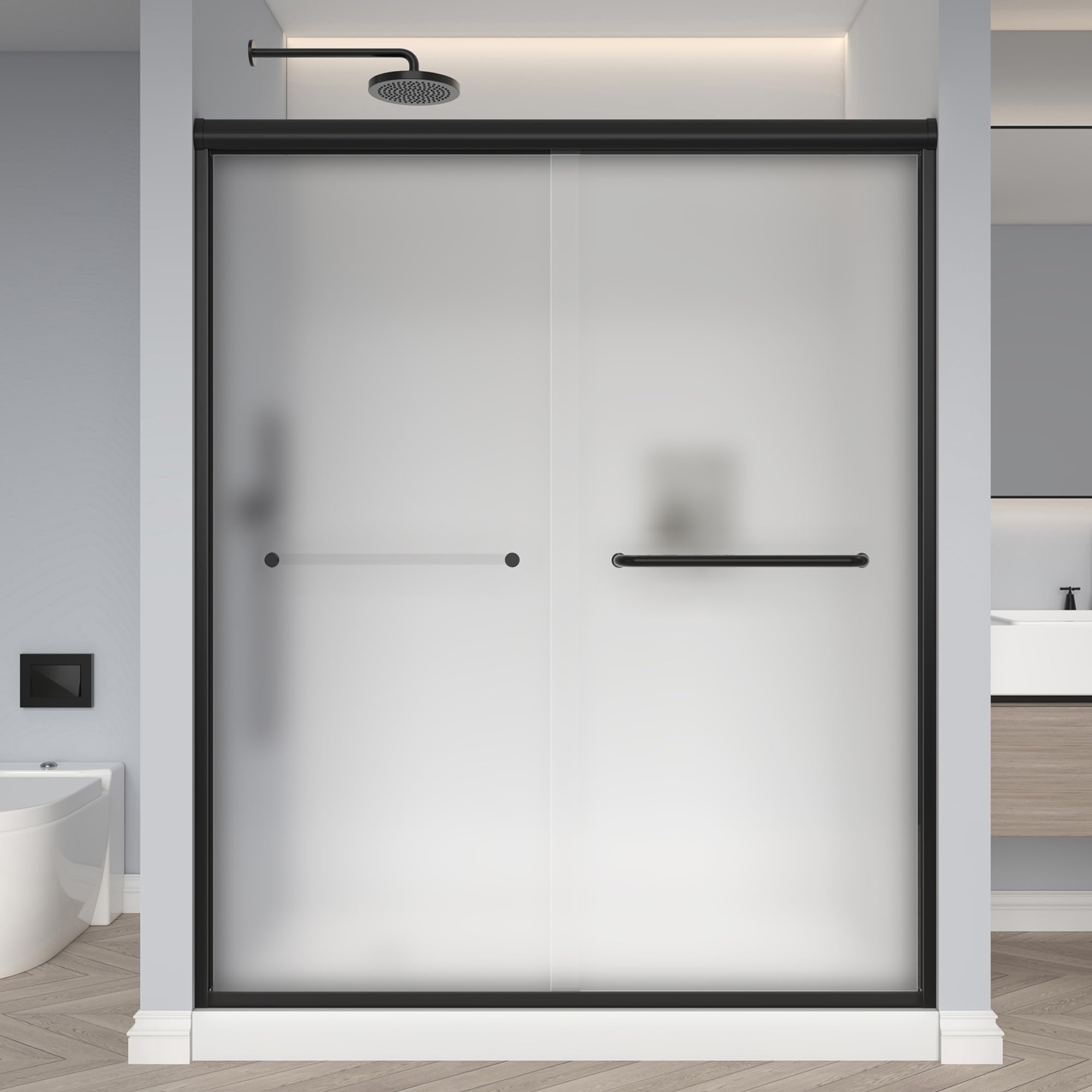Frosted Double Sliding Shower Door 55-60" W x 70" H, Matte Black, Bypass Shower Door, Framed, 1/4" (6mm) Tempered Glass