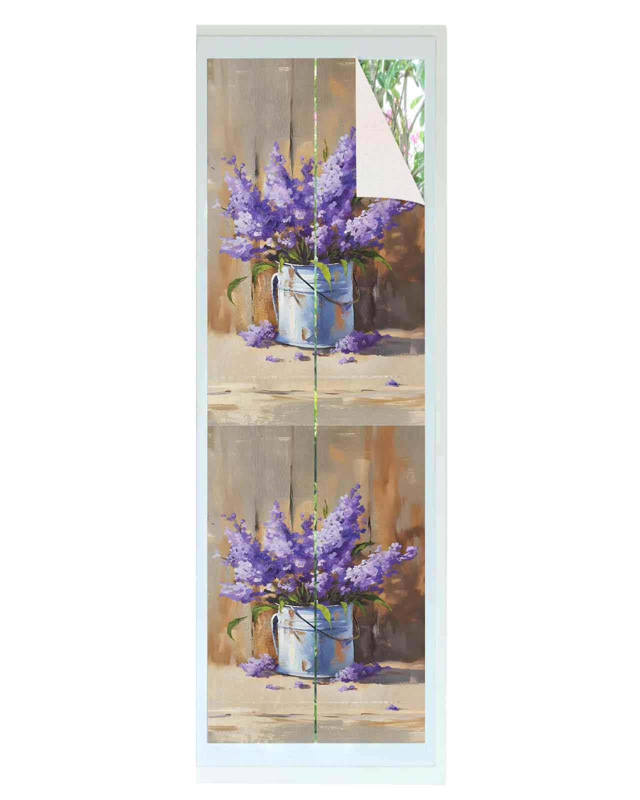 Purple Lavender Window Privacy Film,Farmhouse Abstract Oil Painting Flower Frosted Glass Static Cling with Tool,UV Sun Blocking Heat Control Window