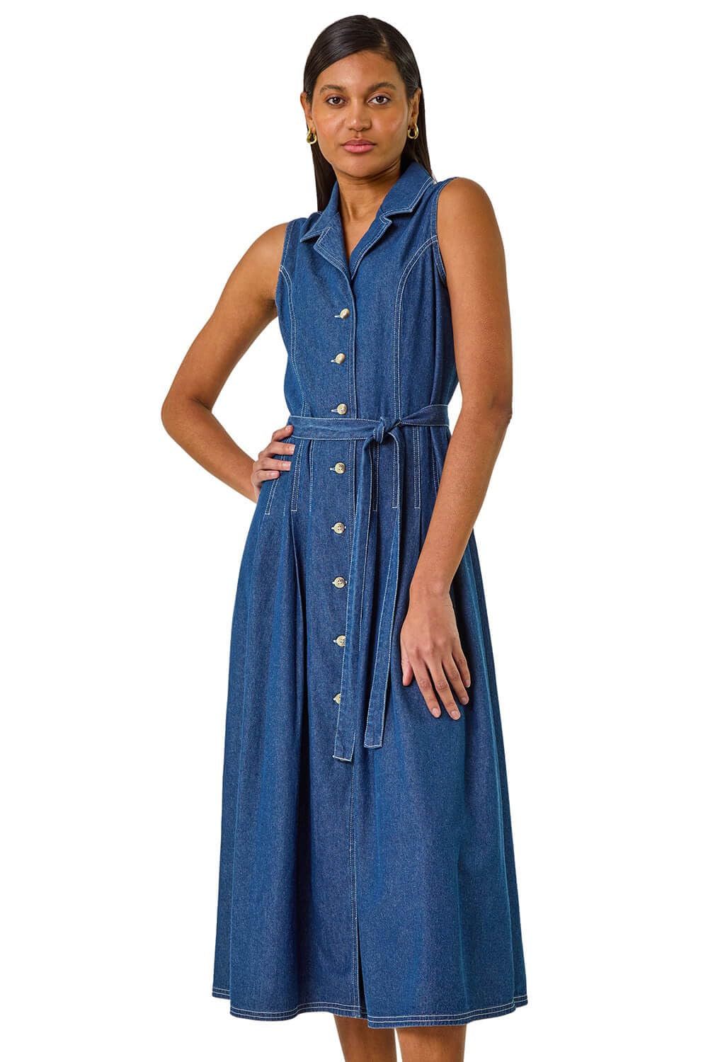 Roman Women's Denim Button Through Midi Dress in Mid Blue | Size: 20