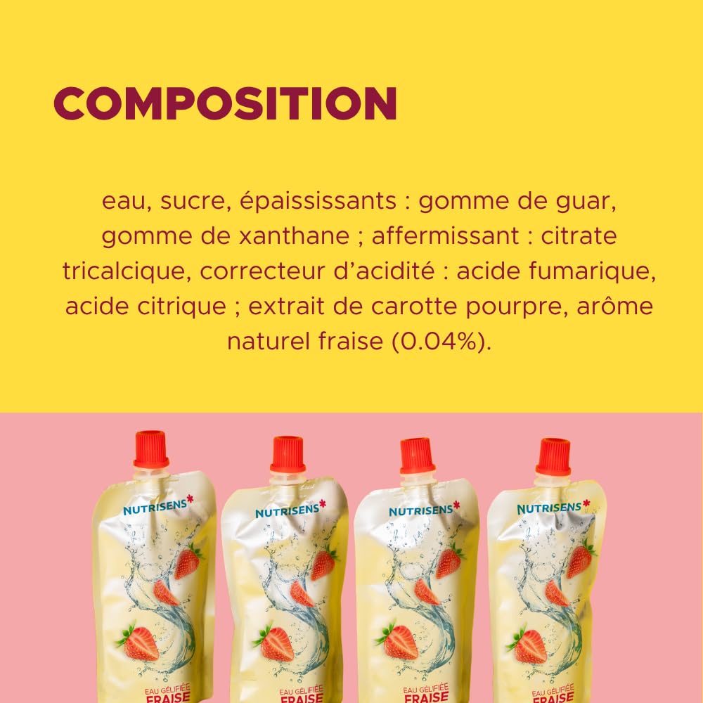 Nutrisens – Agua gelificada fresa – Sabor natural – Juego de 36 – Textura lisa – Sin azúcar – Práctico y transportable – Resistente a la amilasa