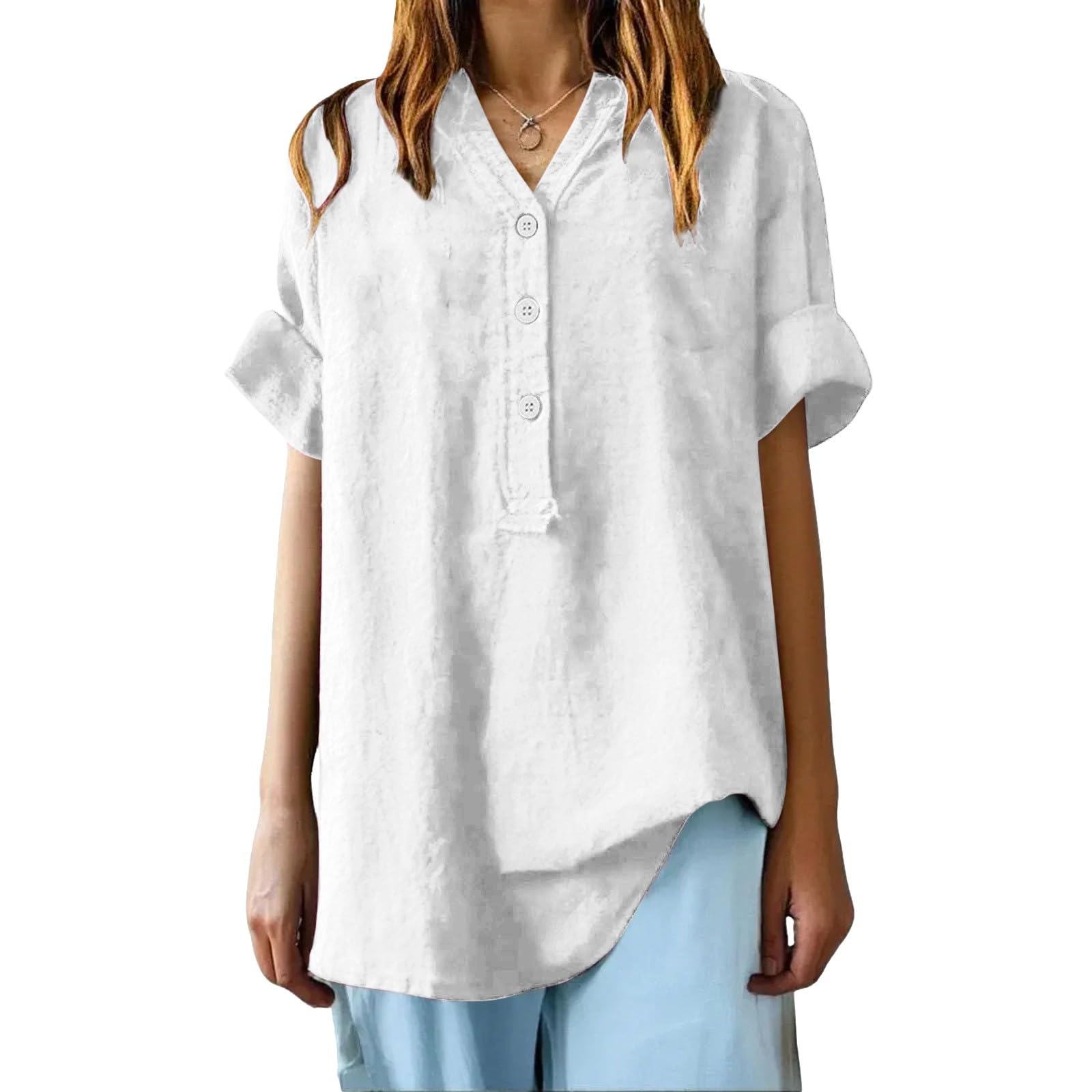 Camisetas Basicas Mujer Manga Larga Algodón y Lino Cuello en V con Botones Moda Blusa de Manga 3/4 Transpirable Basic Blusa Tops Slim Fit Sexy Otoño Talla Grande tee