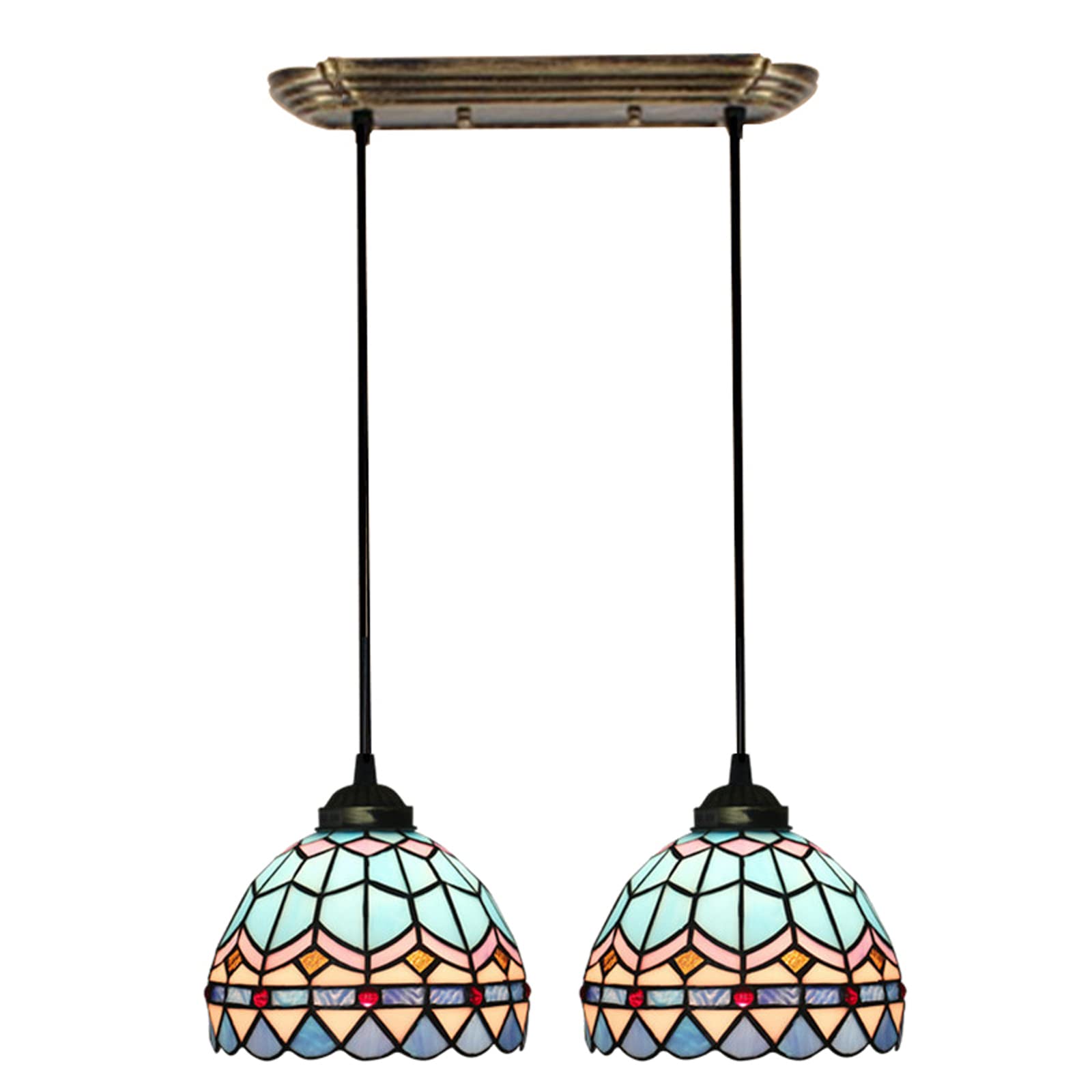 Tiffany Style Pendant Hanging Lamp, 8 Inch Blue Stained Glass Dining Room Chandelier, Height Adjustable E26 Ceiling Light for Farmhouse Kitchen Island Decor,2 Light