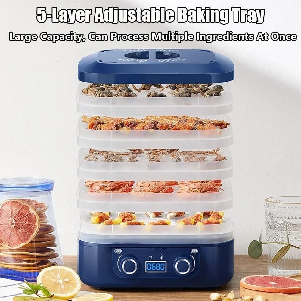Disidratatore for alimenti e carne a scatti con 5 vassoi, | Timer digitale e controllo temperatura regolabile, mini asciugatrice for carne secca, frutta carne verdure caramelle(White)