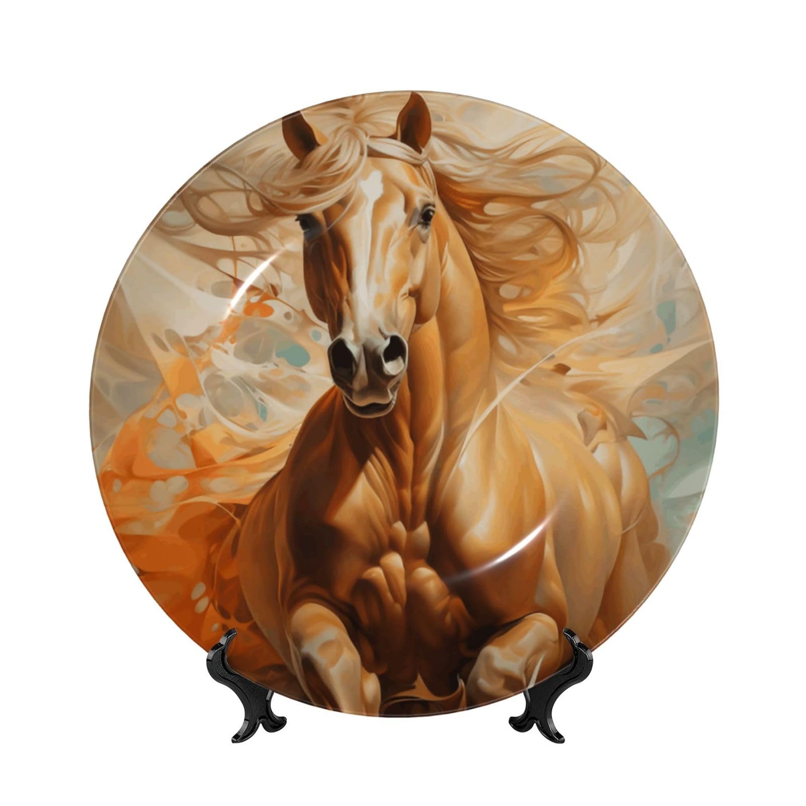 SXZVVBN Horses running in the water Bone China Decorative Plate Art with Stand Removable Adhesive Hanging for Home Office 7in