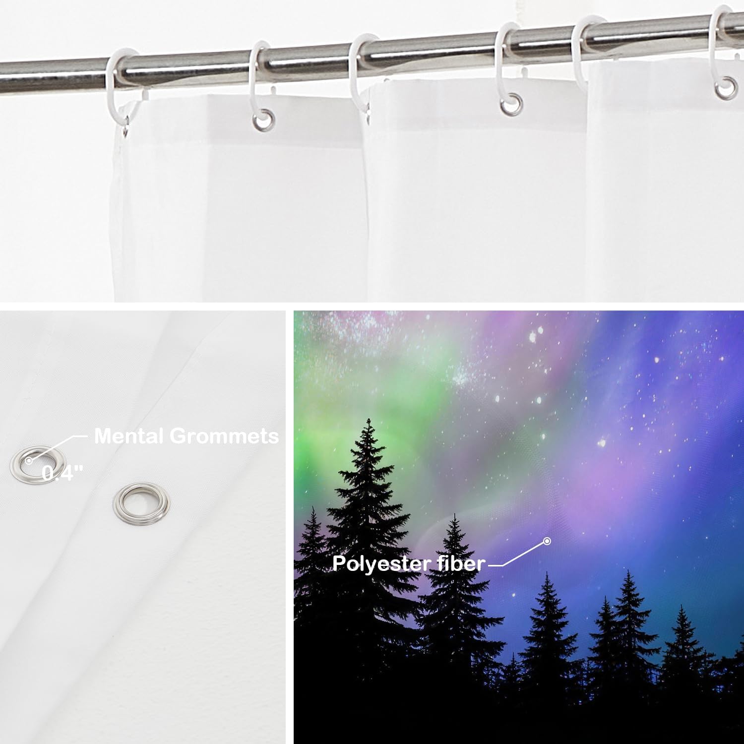 Batmerry Northern Lights Forest Decorative Shower Curtain, Northern Lights Aurora Borealis Shower Curtain Cute Long Wide Shower Curtain with Rust Proof Grommets for Bathroom Waterproof Washable