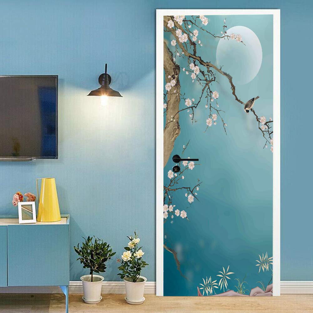 Sticker de porte trompe l'oeil paysage de prune | Papier peint escaliers amovible 88x200cm