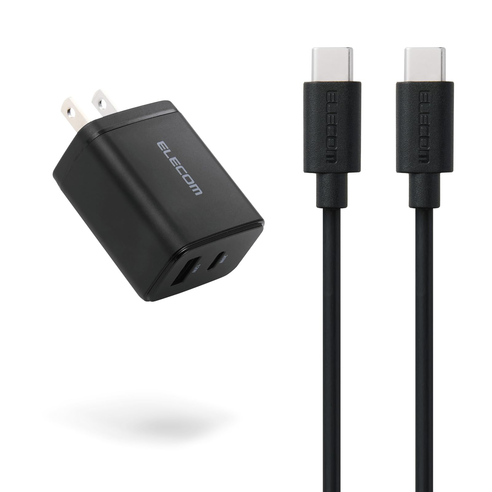 エレコム 充電器 20W 2ポート USB-C USB-A USB PD対応 急速充電 Type-Cケーブル付属 1.5m GaN II 窒化ガリウム 薄型 コンパクト PSE認証 iPhone iPad Android対応 ブラック EC-AC12620BK