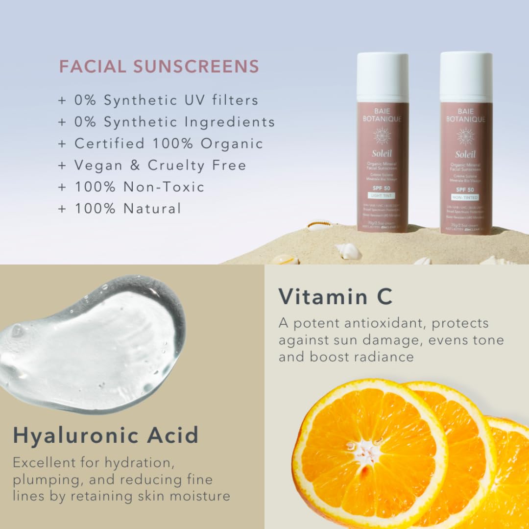 Baie Botanique Soleil Crème solaire bio pour le visage SPF 50 Sans filtre chimique Protection solaire Acide hyaluronique et Vitamine C Naturelle Vegan Sans traces Non toxique UVA/UVB Teinte claire 70g