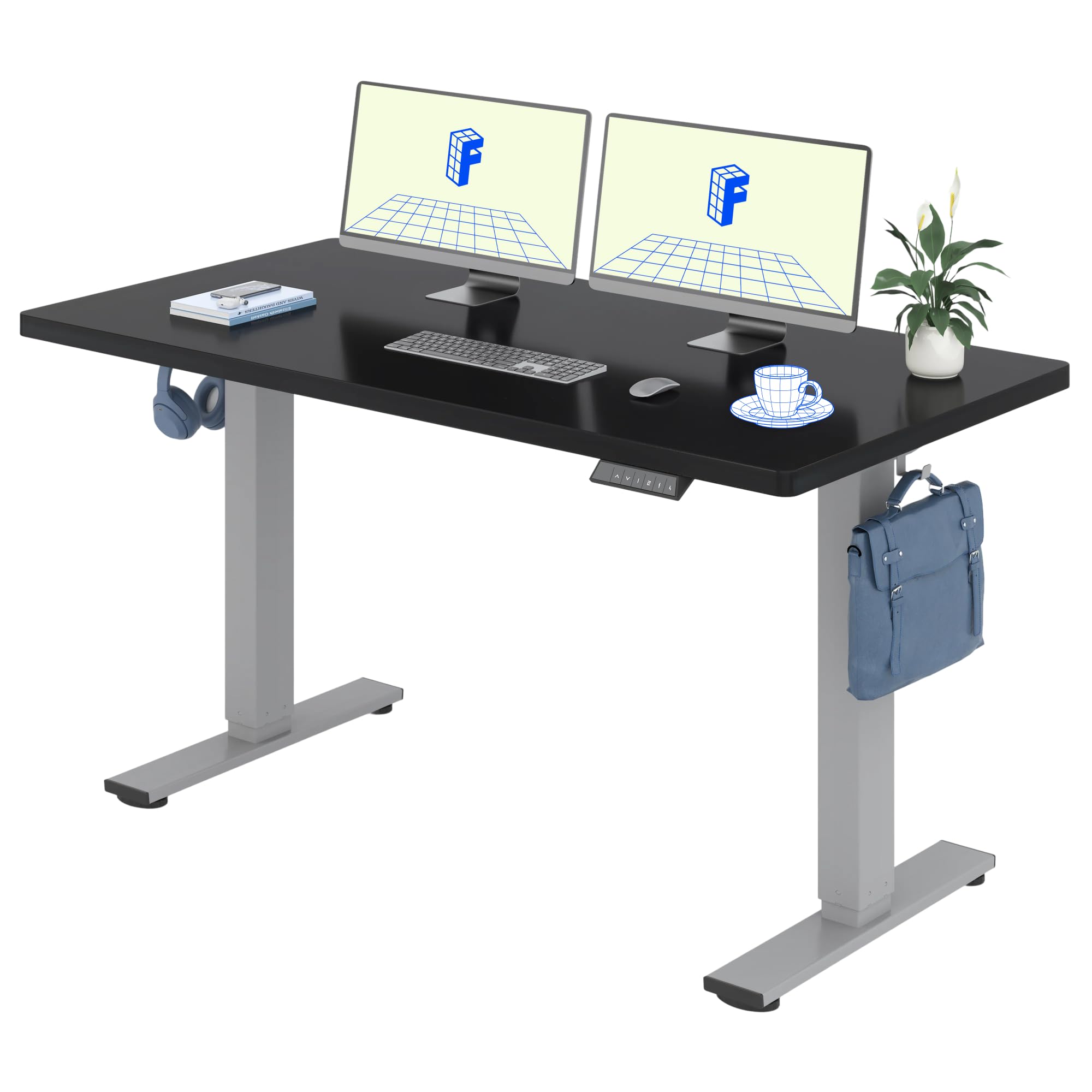 FLEXISPOT Scrivania regolabile in altezza, 160 x 80 cm, con gancio e piano 25 mm, scrivania ergonomica LED e memoria (nero, grigio)