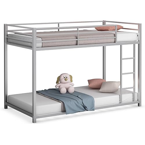 KOMFOTT Metal Low Bunk Bed Twin Over Twin, Heavy Duty Bunk Bed Frame with Ladder & Full-Length Guardrails, Metal Slatted Floor Bed Frame for Teens & Adults, No Box Spring Needed (Gray)
