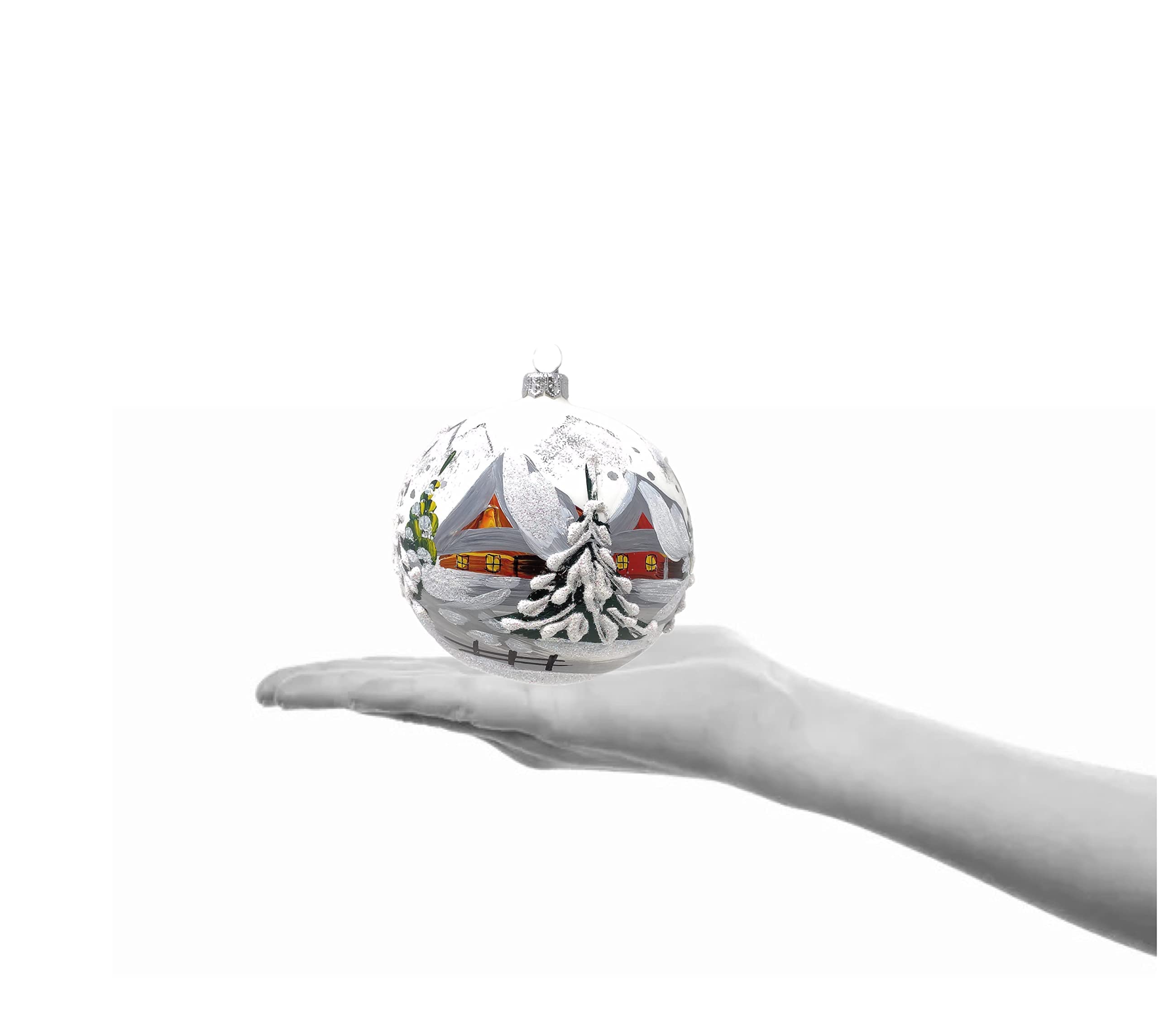 Adorno navideño, paisaje del campo, bola de cristal soplado 5" (blanco ópalo, 120mm)