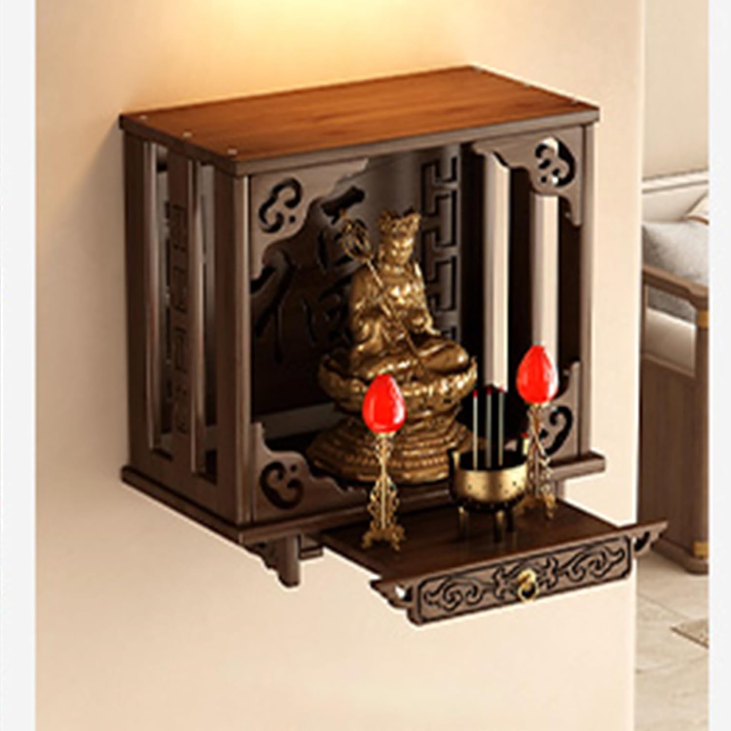 Modern Wooden Wall - Mounted Altar Table with Pull-Out Board,Small Meditation puja Table,Chinese Fengshui Statue Display Shelf,Antique Display Base Crafts Pedestal