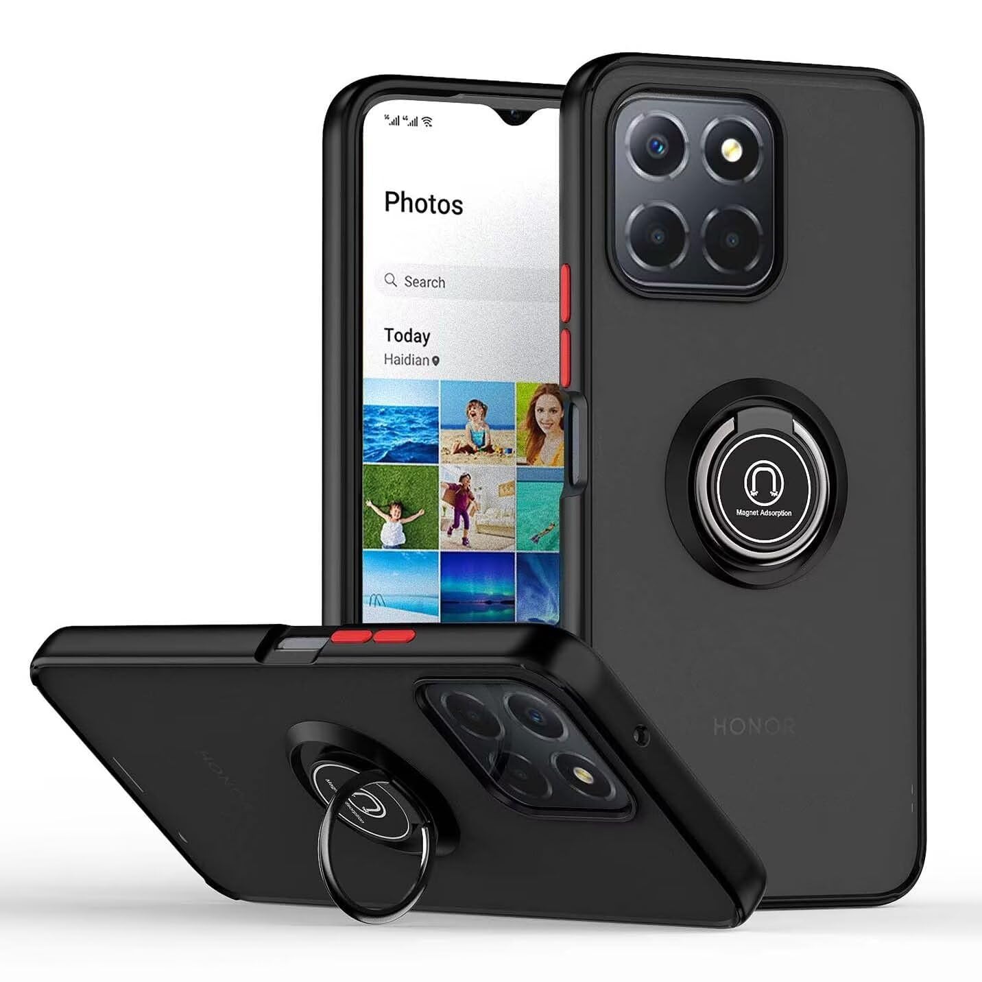 HONLEN Custodia per HONOR X6a (6.56 Inches), Cover per Cellulare in Silicone Opaco Trasparente con Supporto ad Anello - Nero rosso