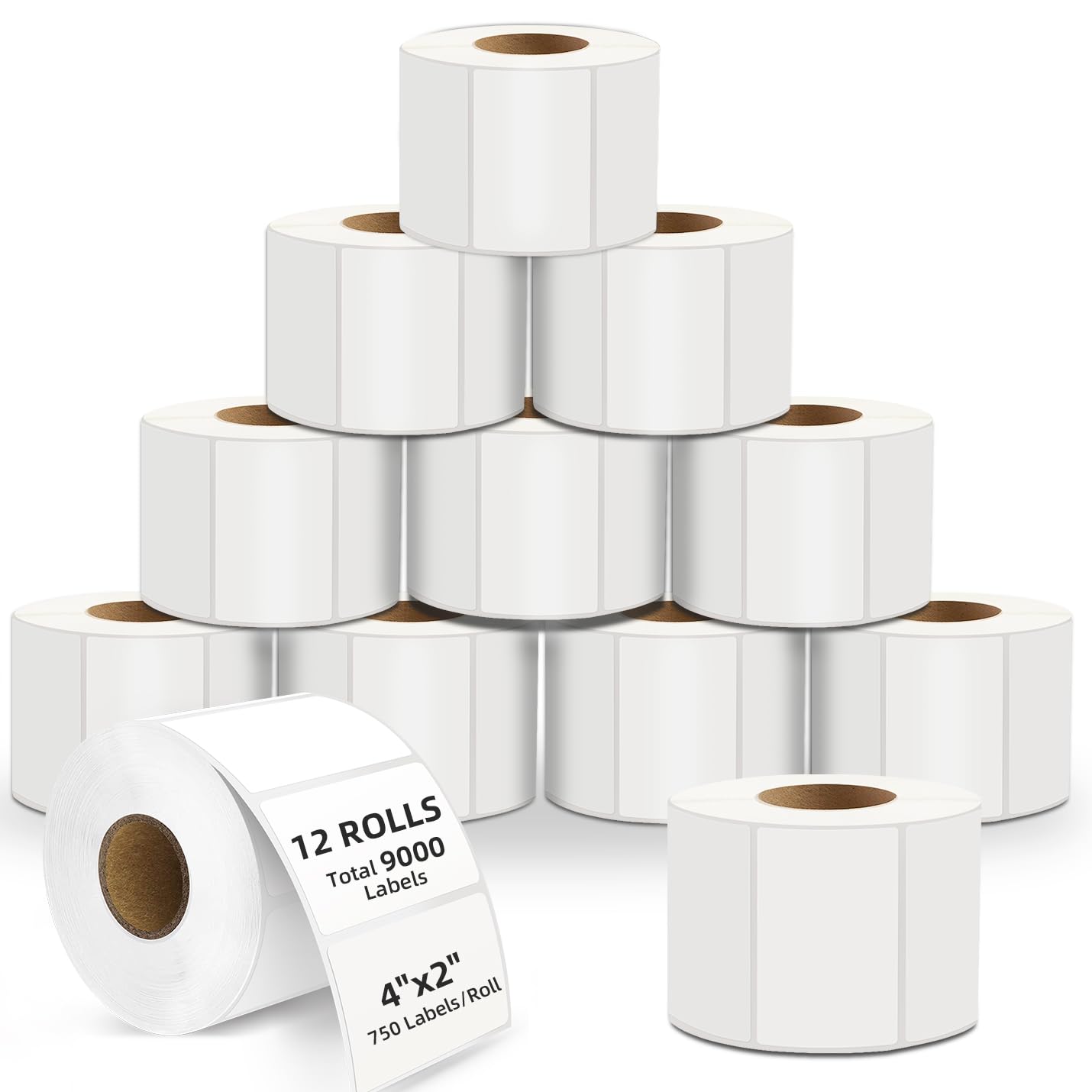 12 Rolls 4" x 2" Direct Thermal Labels, Replacement for Barcodes Postage Address Shipping Labels Compatible with Rollo & Zebra Label Desktop Printers Adhesive (750 Labels/Roll)