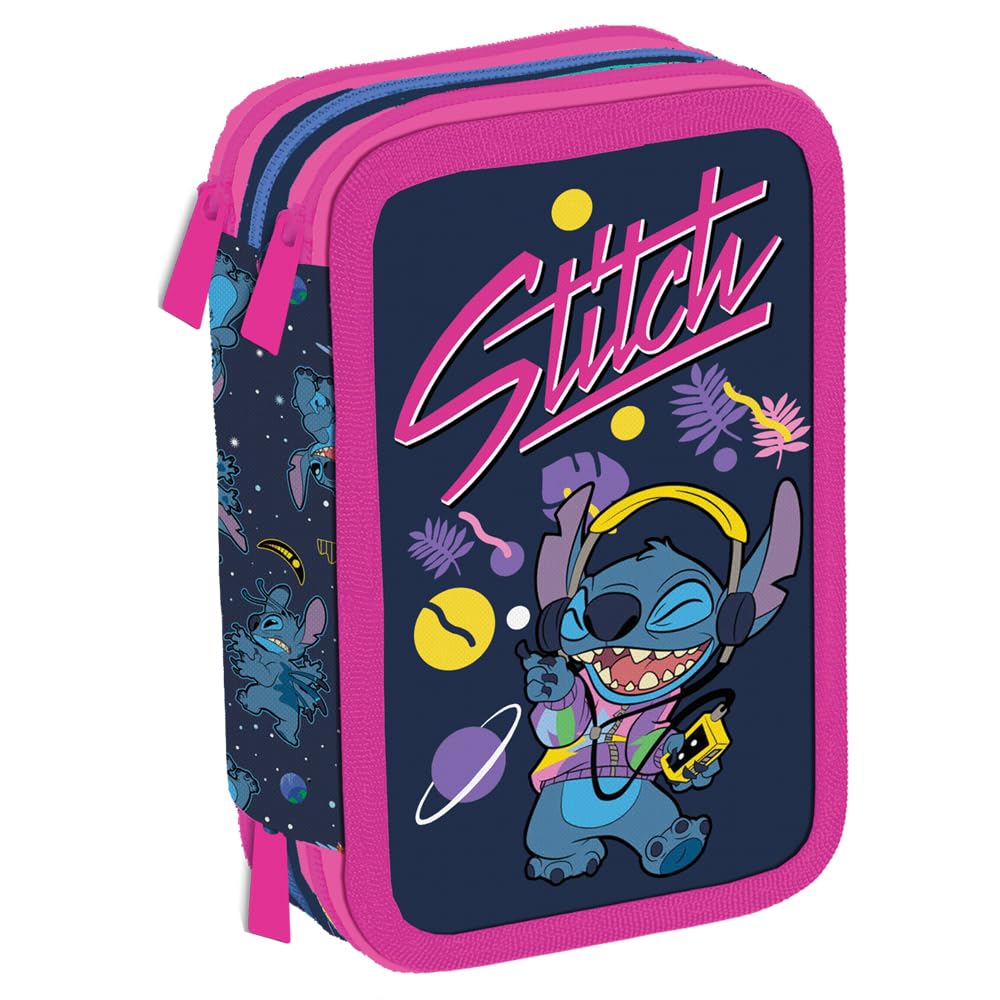 rt | Estuche de tres compartimentos para niño o niña de escuela primaria, estuche completo de 44 piezas de tres cremalleras con portalápices, Stitch, standard, Cartoonish