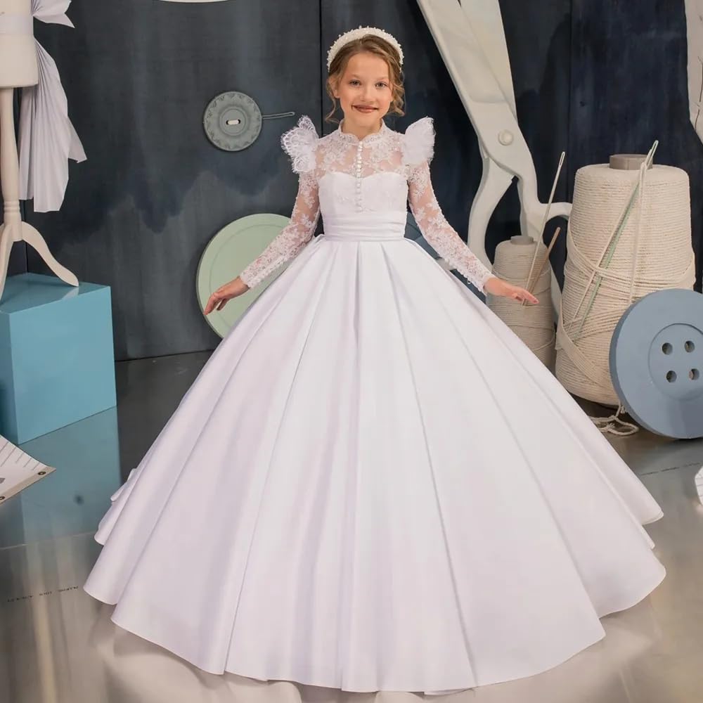 Abito da Prima Comunione in Pizzo Bianco per Ragazze Maniche Lunghe Raso Fiore Ragazze Vestito Princip
