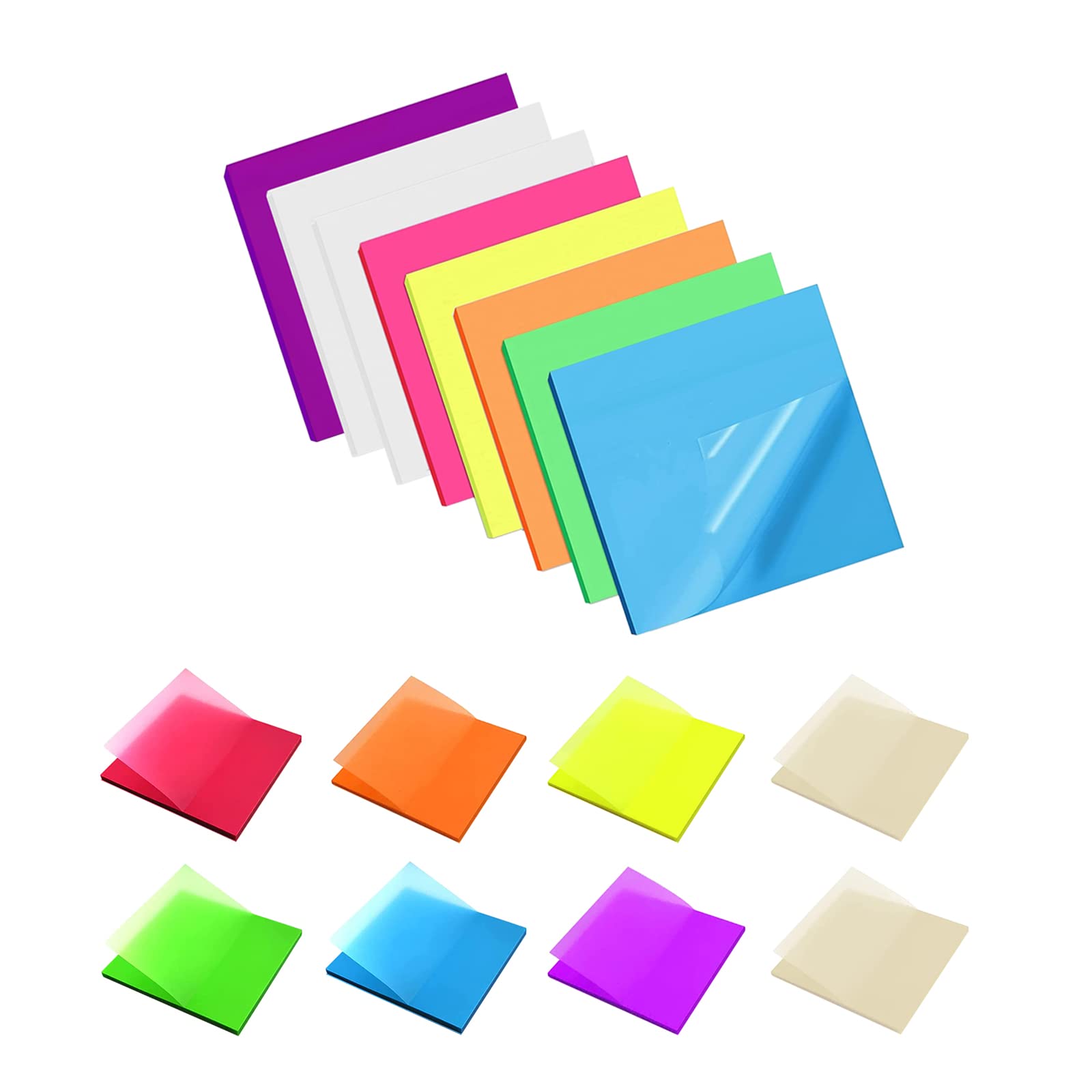 Juformin Sticky Notes 3x3 Inches, Bright Colors Transparent Sticky Notes 400 Sheets, Super Sticky Removal Recyclable Note Pads, for Message Reminder and Page Markers Favorite Sticky Notes