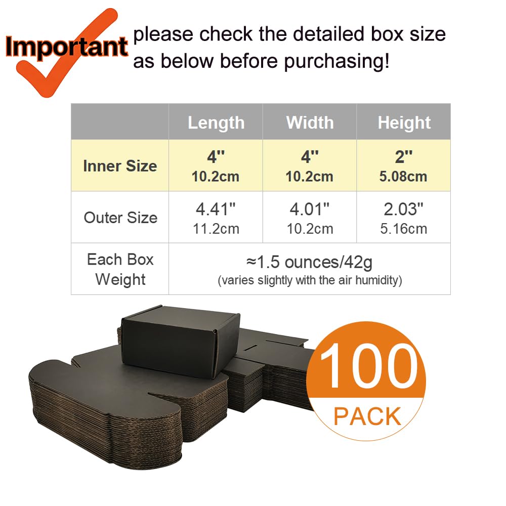 Paquete de 100 cajas de envío pequeñas de 4 x 4 x 2 pulgadas, sobres de cartón corrugado para negocios, negro (CM442B-100)