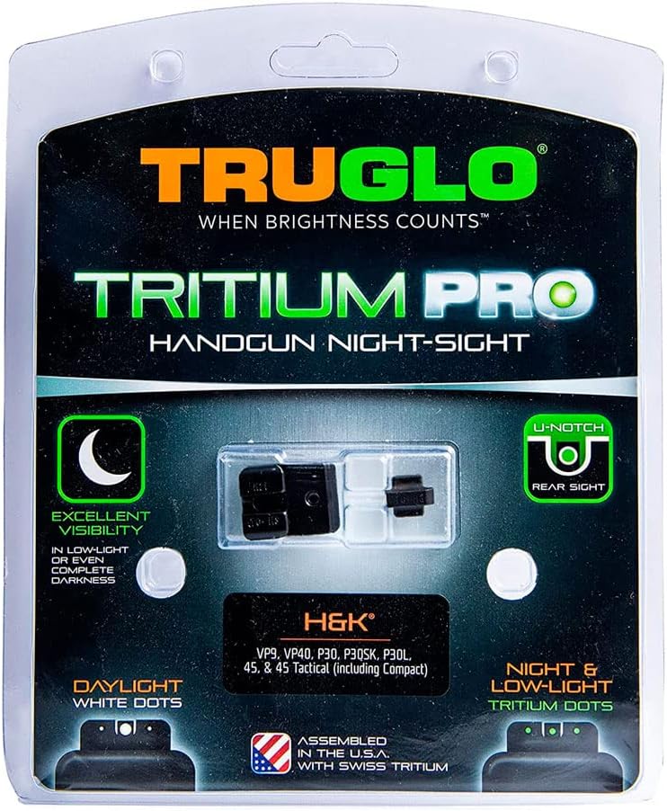 TRUGLO Tritium Pro Night Sights, Compatible with H&K VP9, VP40, P30SK, P30L, 45, & 45 Tactical (Including Compact) | Glow-in-The-Dark Front & Rear Gun Sight Set with White Focus Lock Front Ring