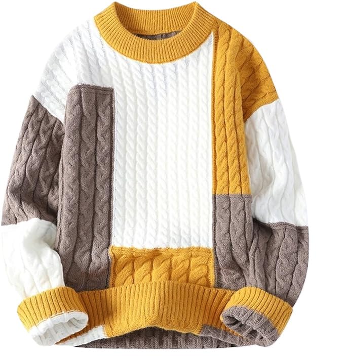 Mens Colorblock Cable Knitted Patchwork Knit Wool Sweaters for Men Vintage Sweater Striped Pullover Sweater