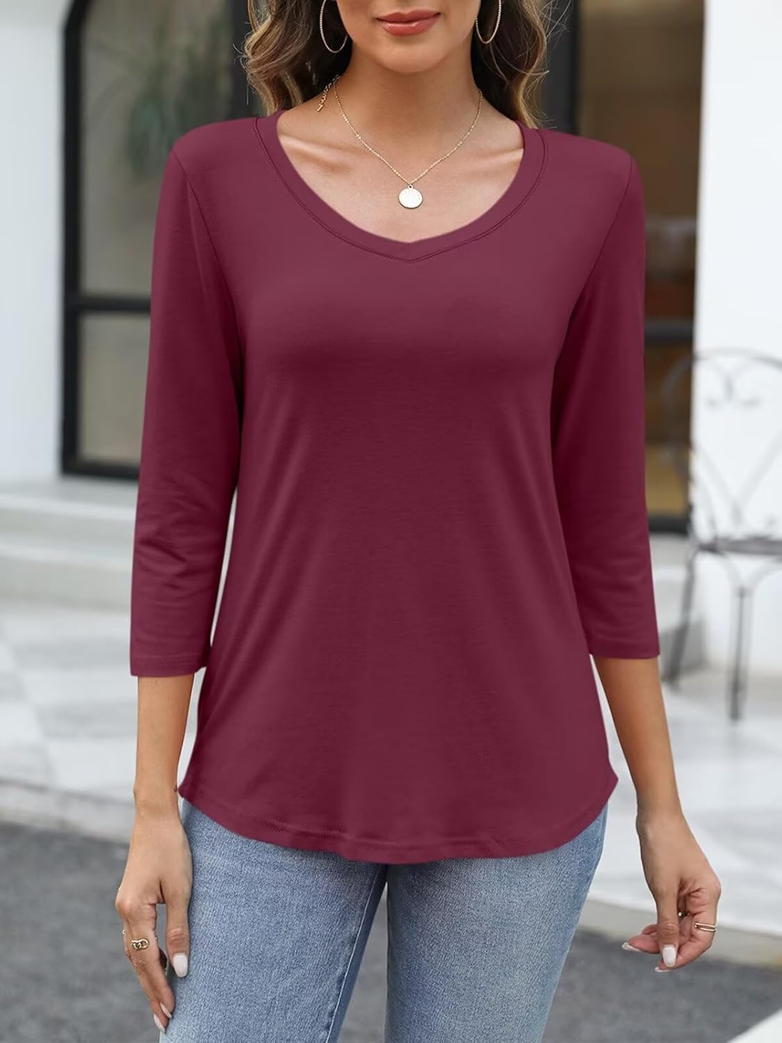 ORANDESIGNE Women's 3/4 Sleeves V Neck T Shirts Color Block Casual Summer Tops Fashion Loose Shirts Tees - Image 3