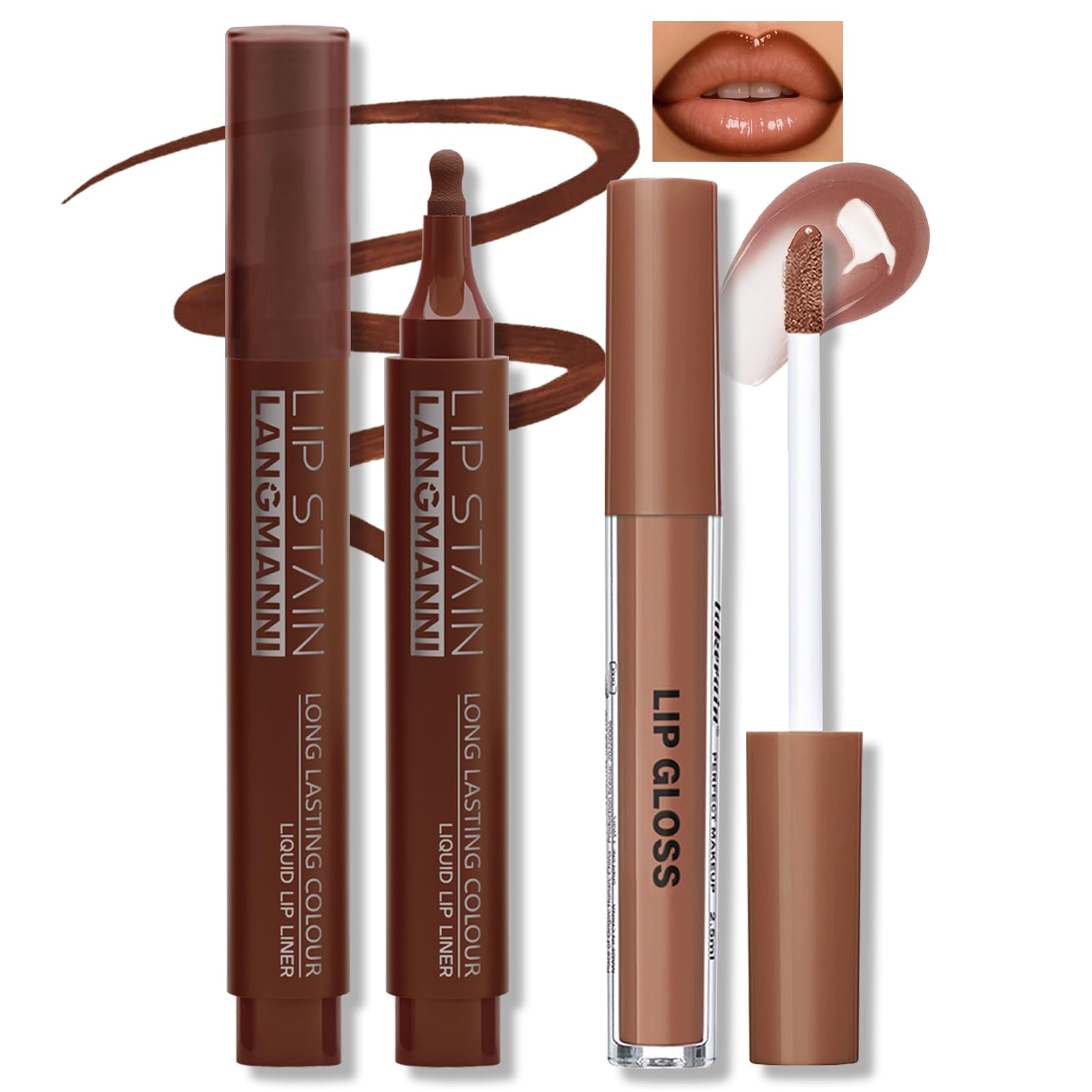 HOSAILY Lip Combo - Mocha Brown Lip Liner Marker Pen with Nude Lip Gloss, Longwear Liquid Lip Liner Stain Waterproof Non-Stick Cup Nourishing Glow Oil Liquid Lipstick Makeup
