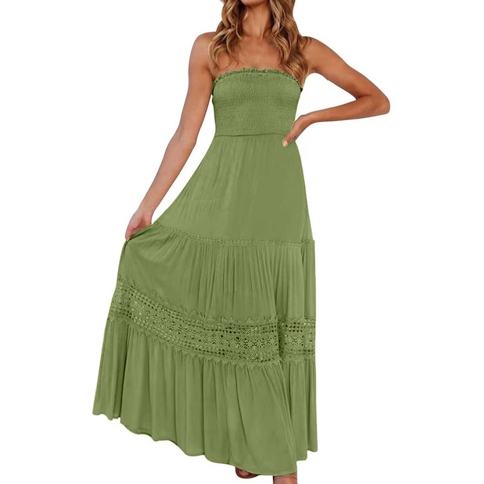 Strapless Maxi Dress Summer Smocked Ruffle Empire Waist A Line Dress Boho Beach Vacation Long Flowy Tube Dresses