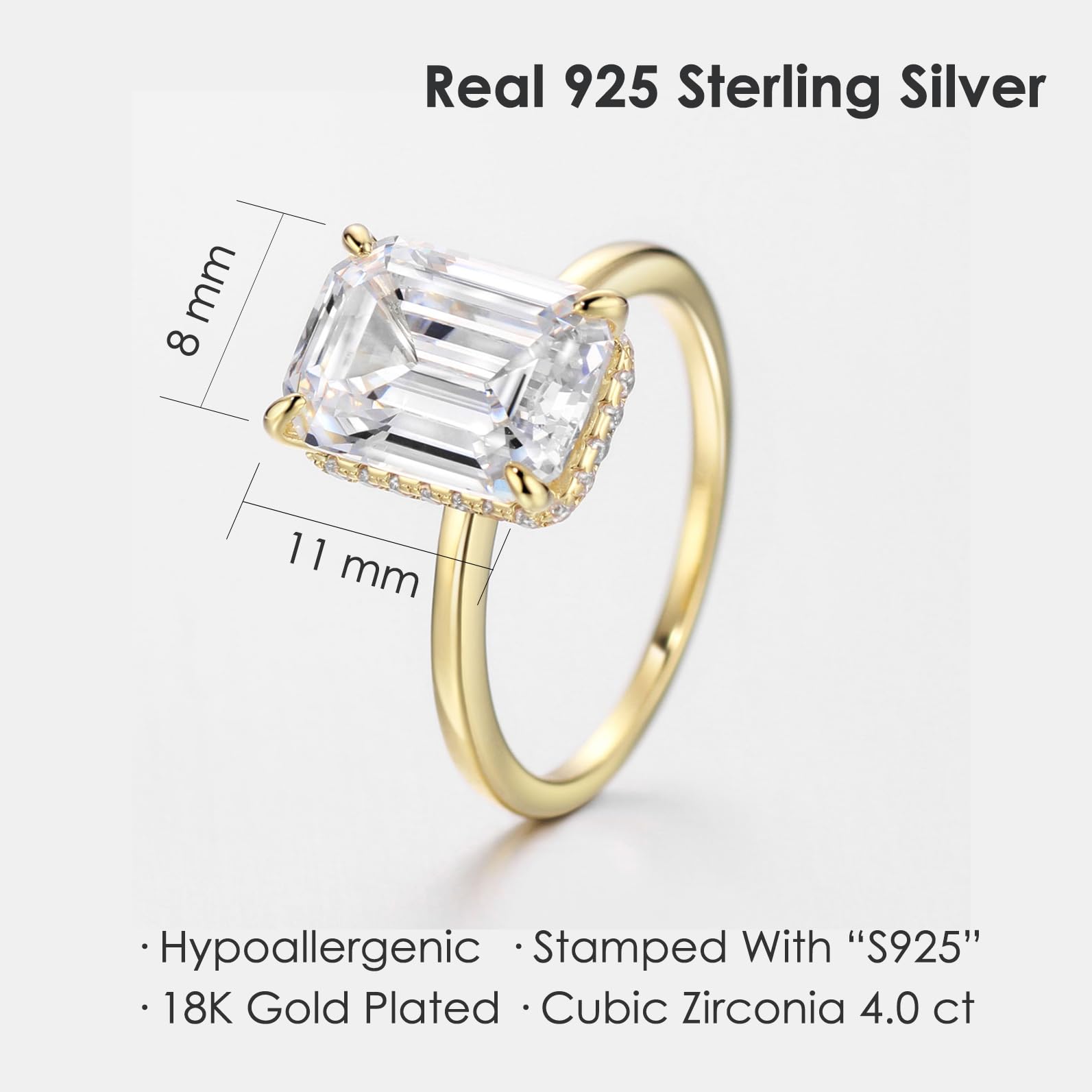 Michooyel Anelli di fidanzamento per le donne Anello di fidanzamento in argento sterling placcato oro 18 carati con zirconi taglio smeraldo da 4 ct Anello di promessa Fede nuziale in argento sterling